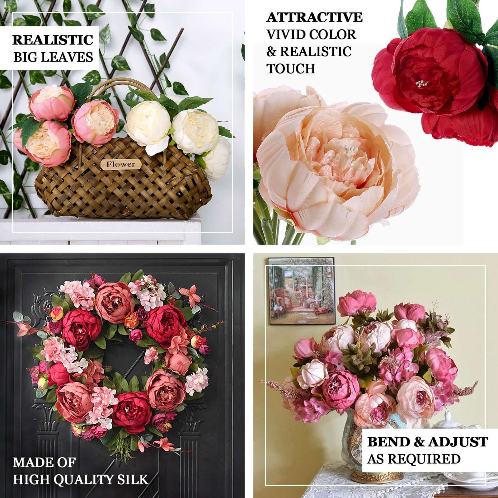 White Artificial Silk Peony Bouquet – 5 Flower Heads, Peony Floral Spray - Image 3