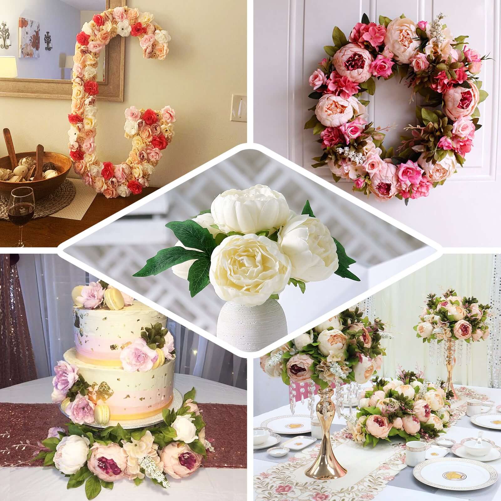 White Artificial Silk Peony Bouquet – 5 Flower Heads, Peony Floral Spray - Image 4