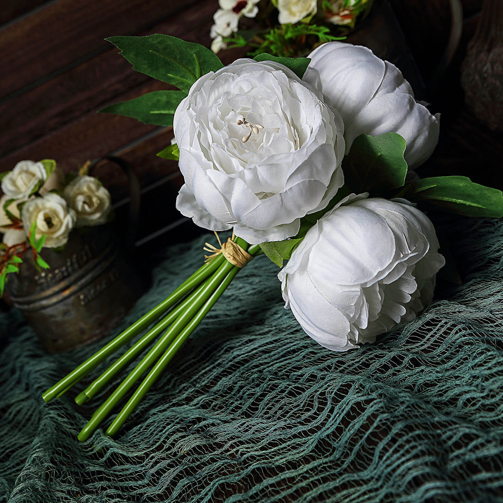 White Artificial Silk Peony Bouquet – 5 Flower Heads, Peony Floral Spray - Image 5