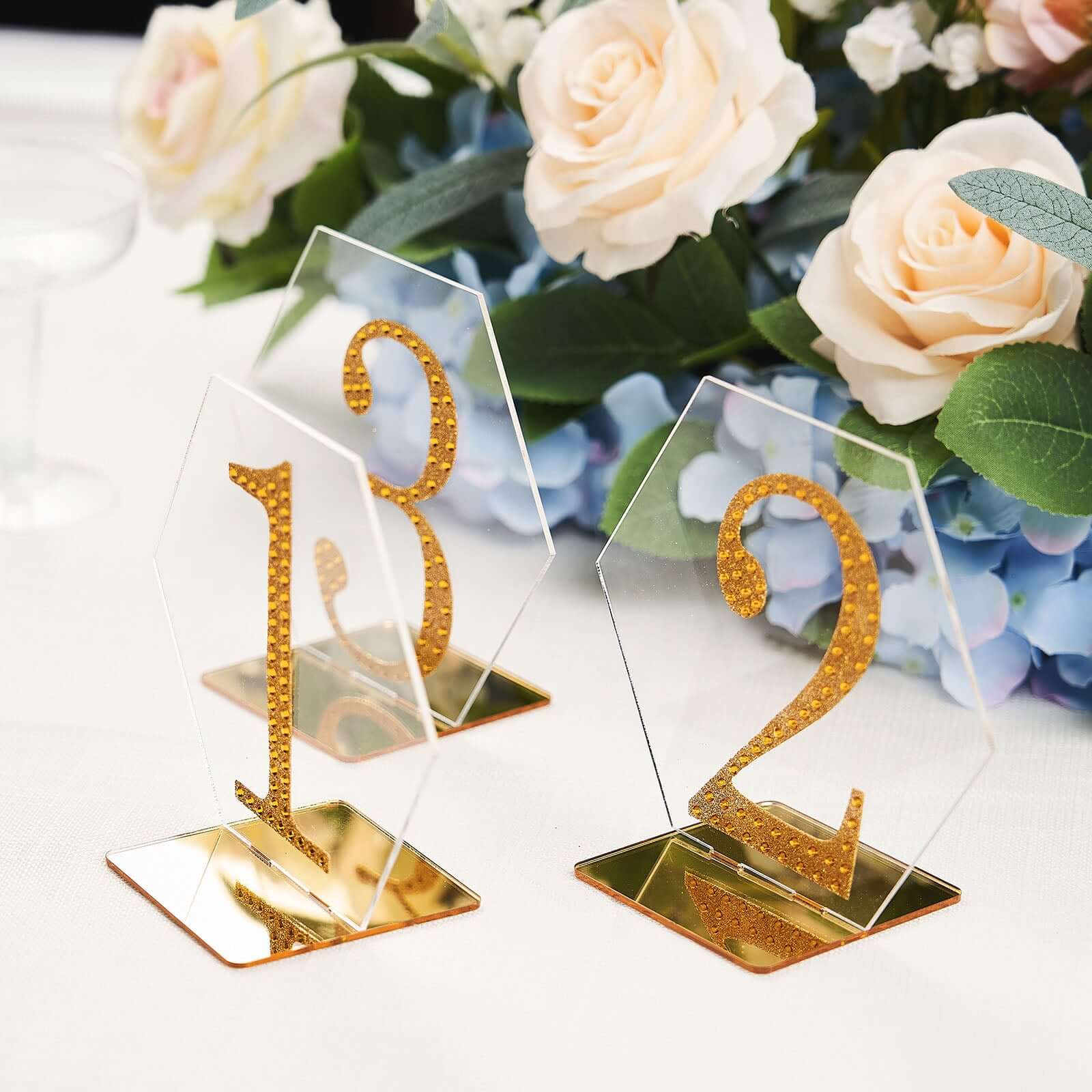 5-Pack Acrylic Table Sign Holders 5", Clear/Gold Hexagon Design - Perfect for Wedding Table Numbers and Menus - Image 2