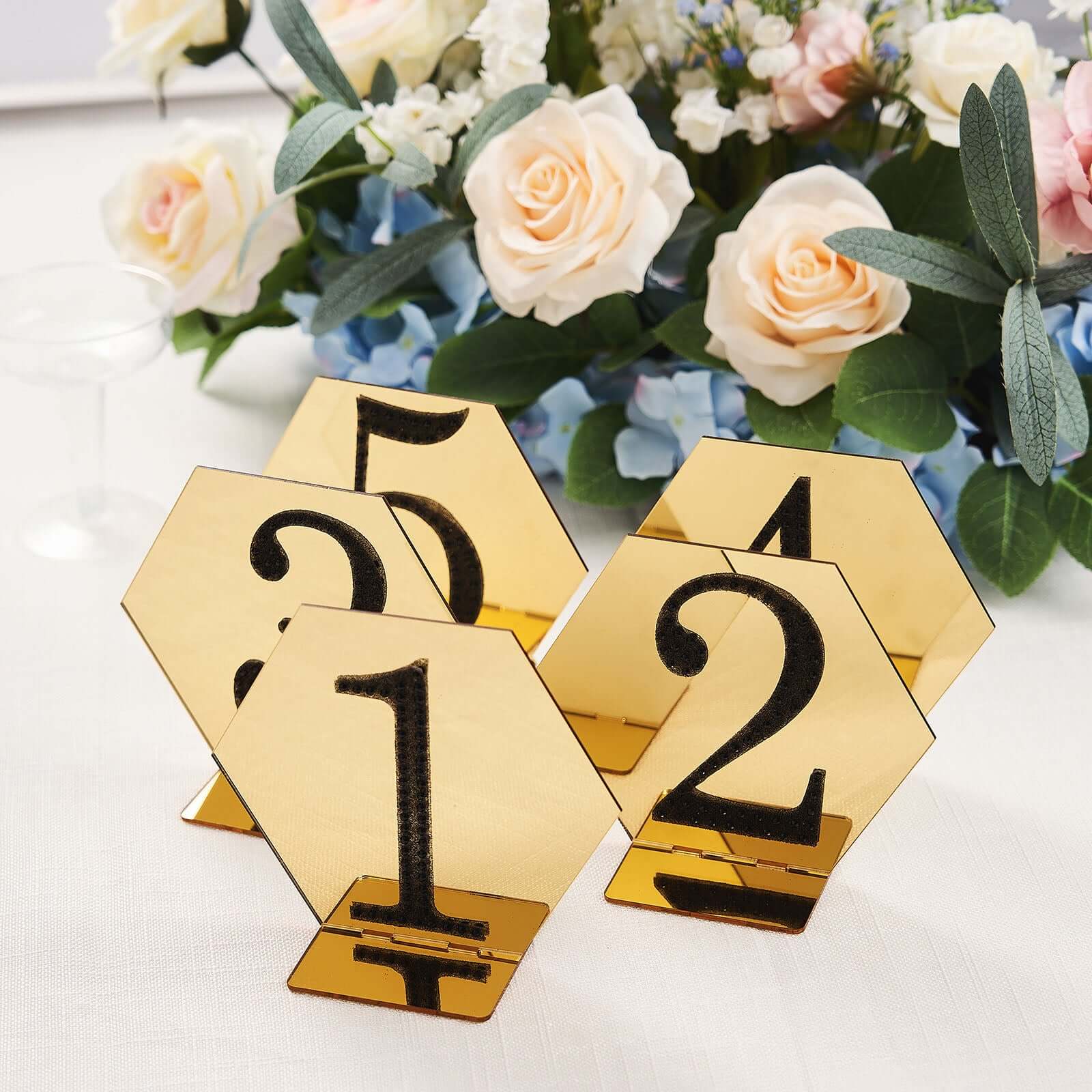 5-Pack Acrylic Table Sign Holders 5", Gold Hexagon Design - Perfect for Wedding Table Numbers and Menus - Image 2