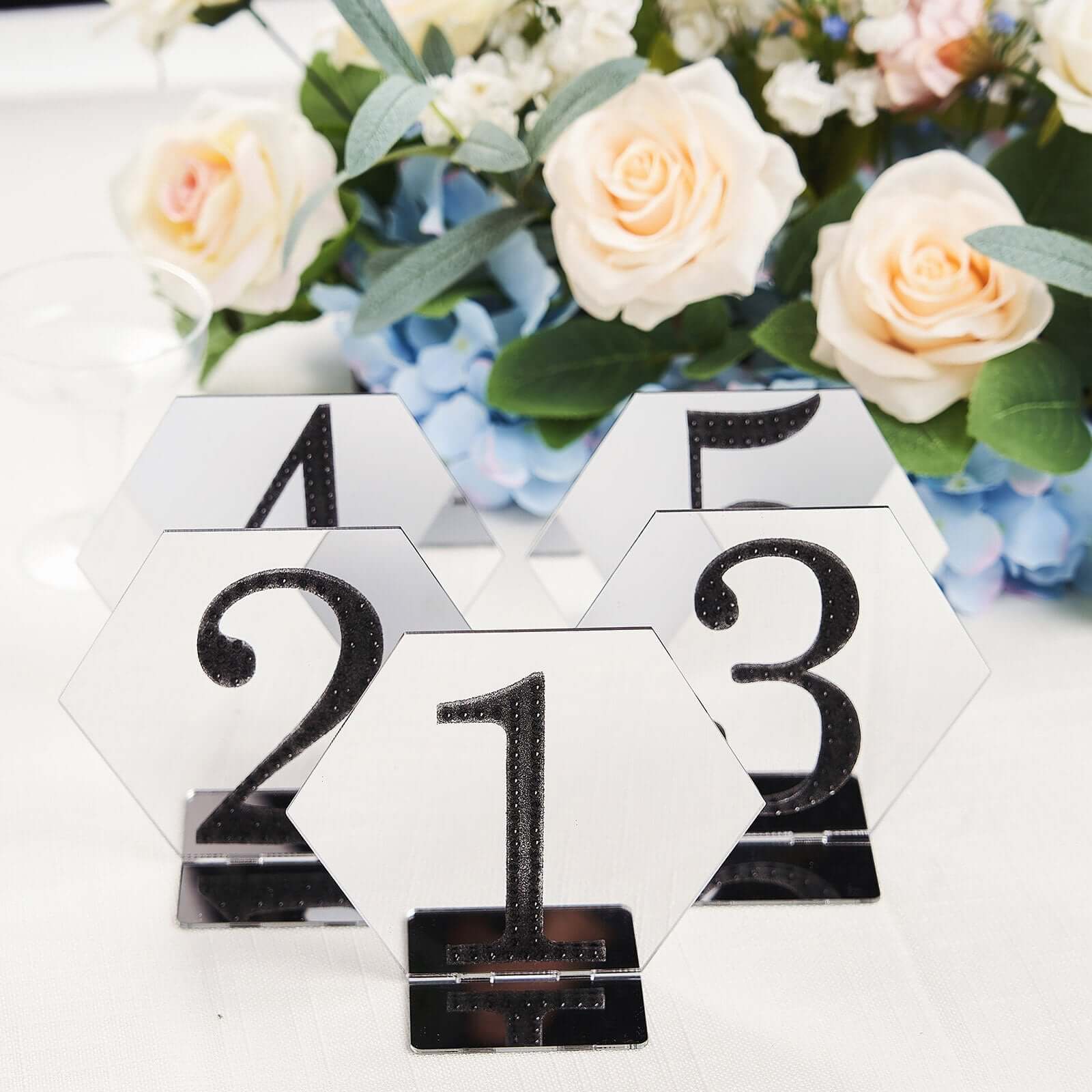 5-Pack Acrylic Table Sign Holders 5", Silver Hexagon Design - Perfect for Wedding Table Numbers and Menus - Image 2