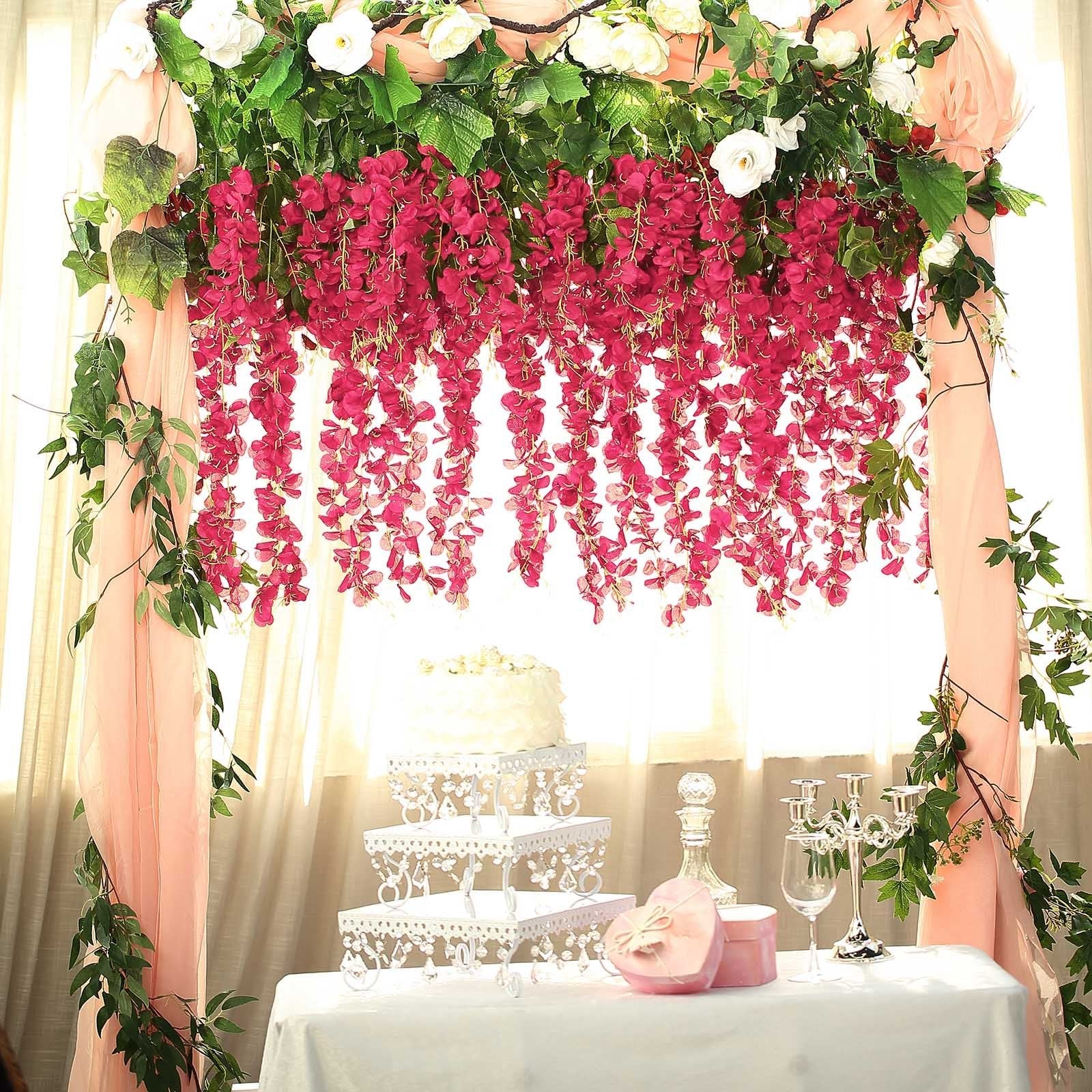 5 Pack Artificial Silk Hanging Wisteria Flower Garland Vines in Fuchsia, 3 Strands in 1 Bush - 44"