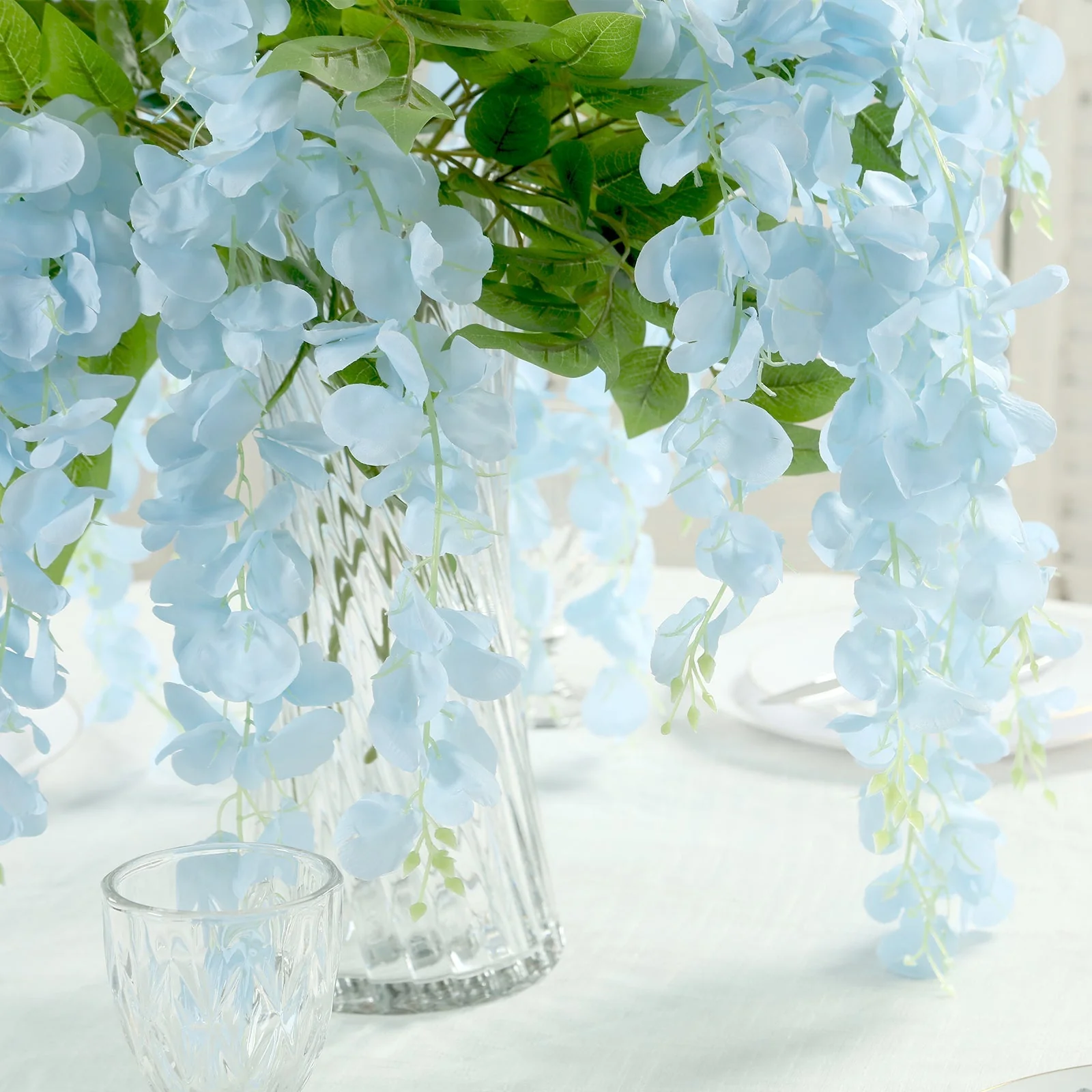 5 Pack Artificial Silk Hanging Wisteria Flower Garland Vines in Light Blue, 3 Strands in 1 Bush - 44" - Image 8