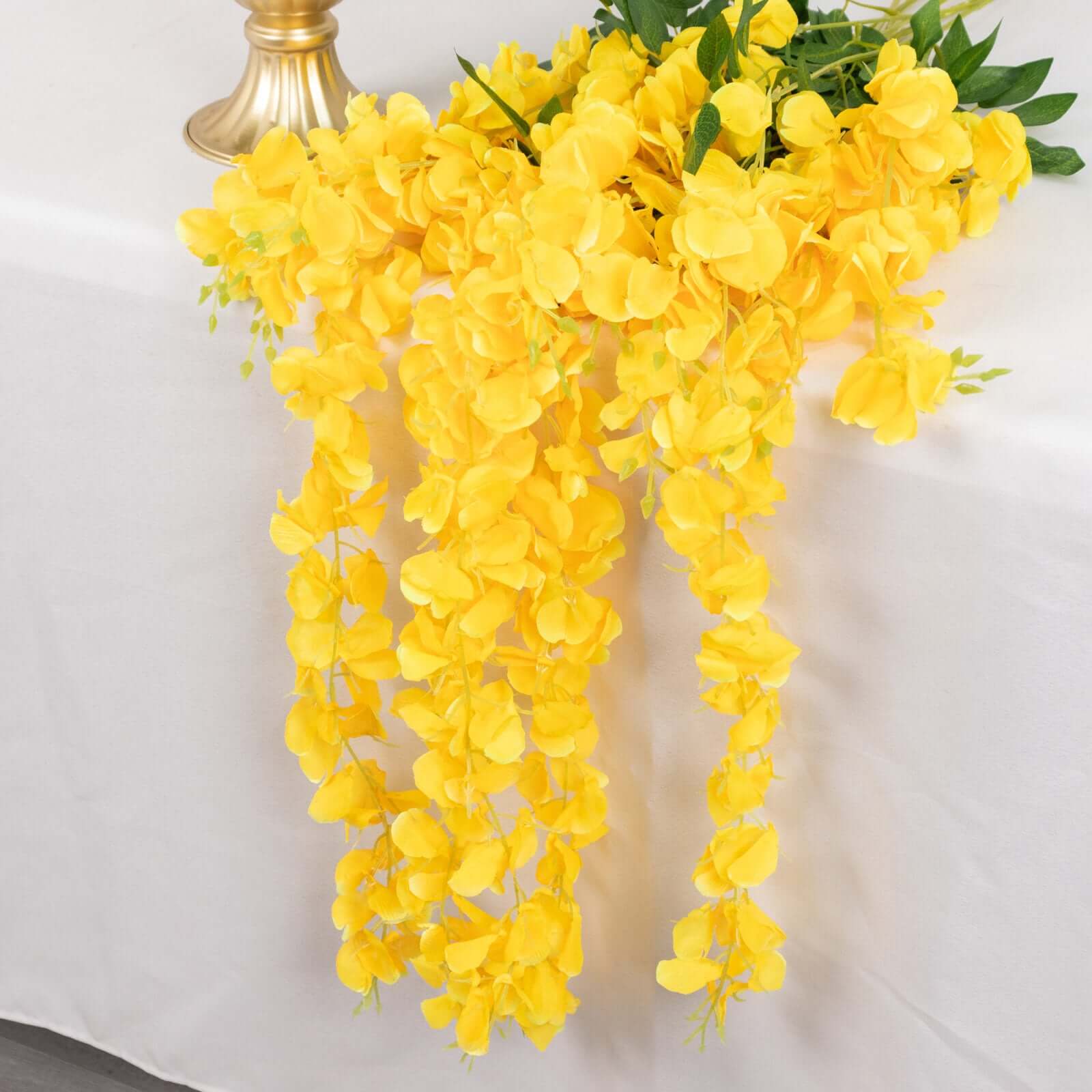 5 Pack Artificial Silk Hanging Wisteria Flower Garland Vines in Yellow, 3 Strands in 1 Bush - 44" - Image 2