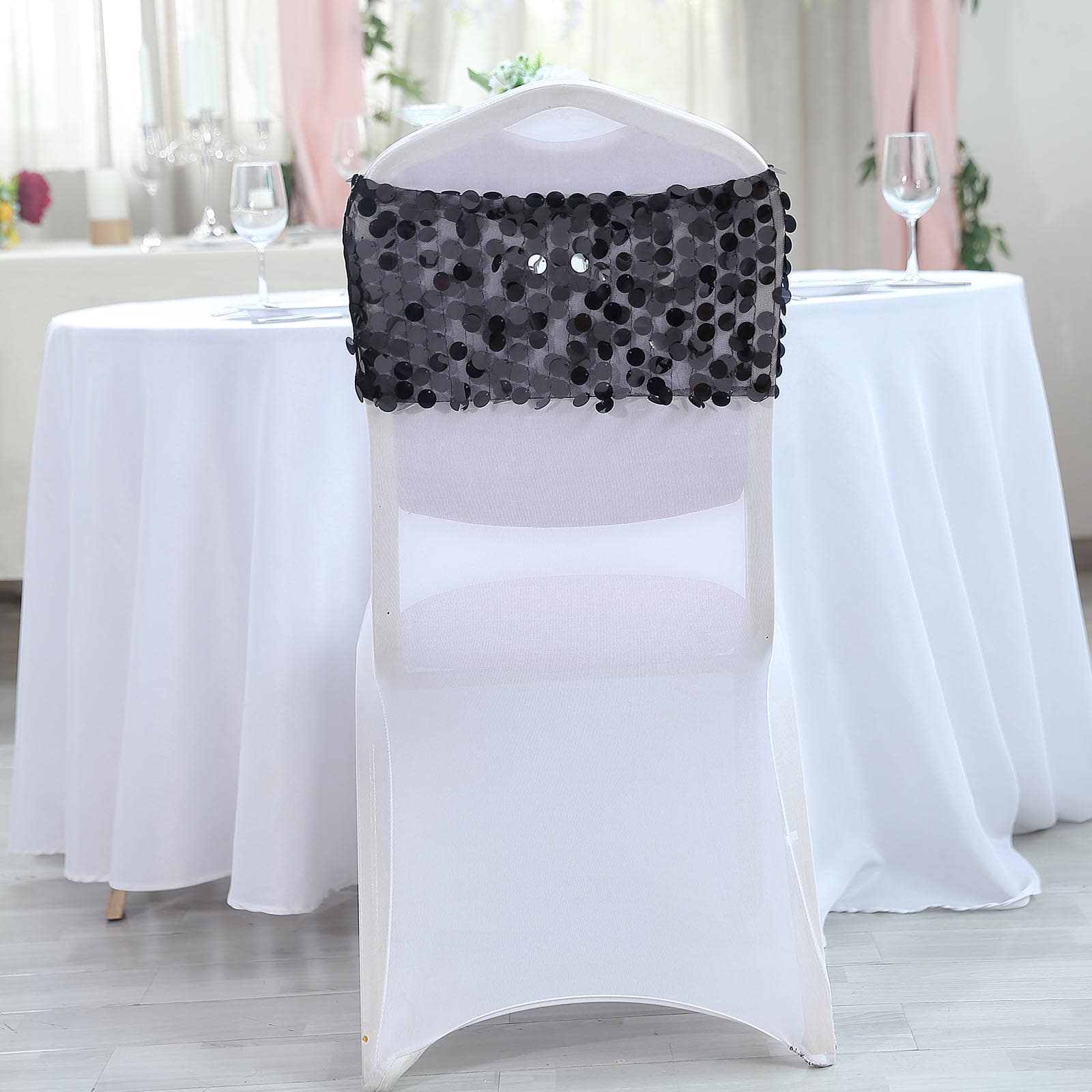 5 Pack Big Payette Sequin Chair Sash Bands 13"x10" Black - Radiant Decorative Design - Image 2