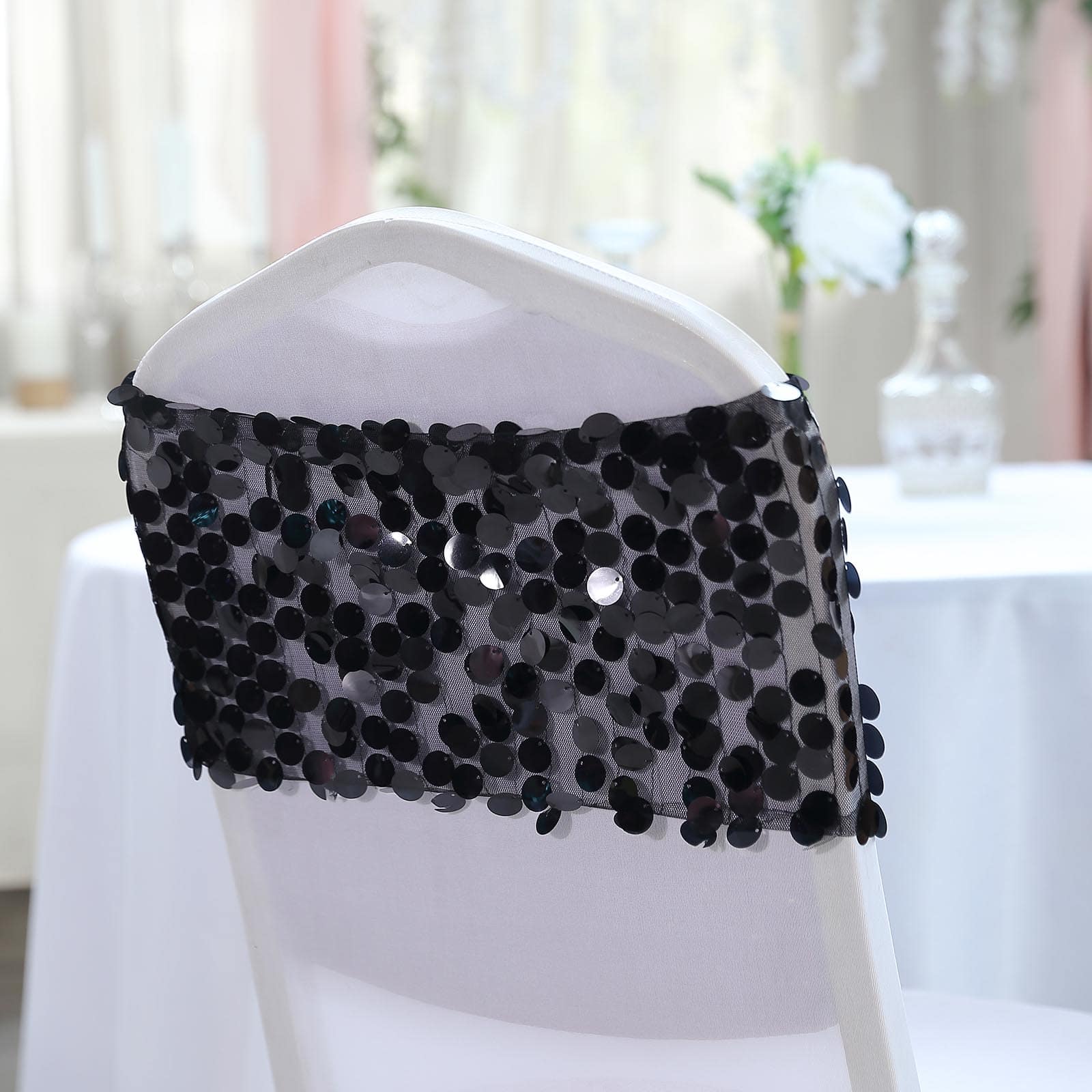5 Pack Big Payette Sequin Chair Sash Bands 13"x10" Black - Radiant Decorative Design - Image 6