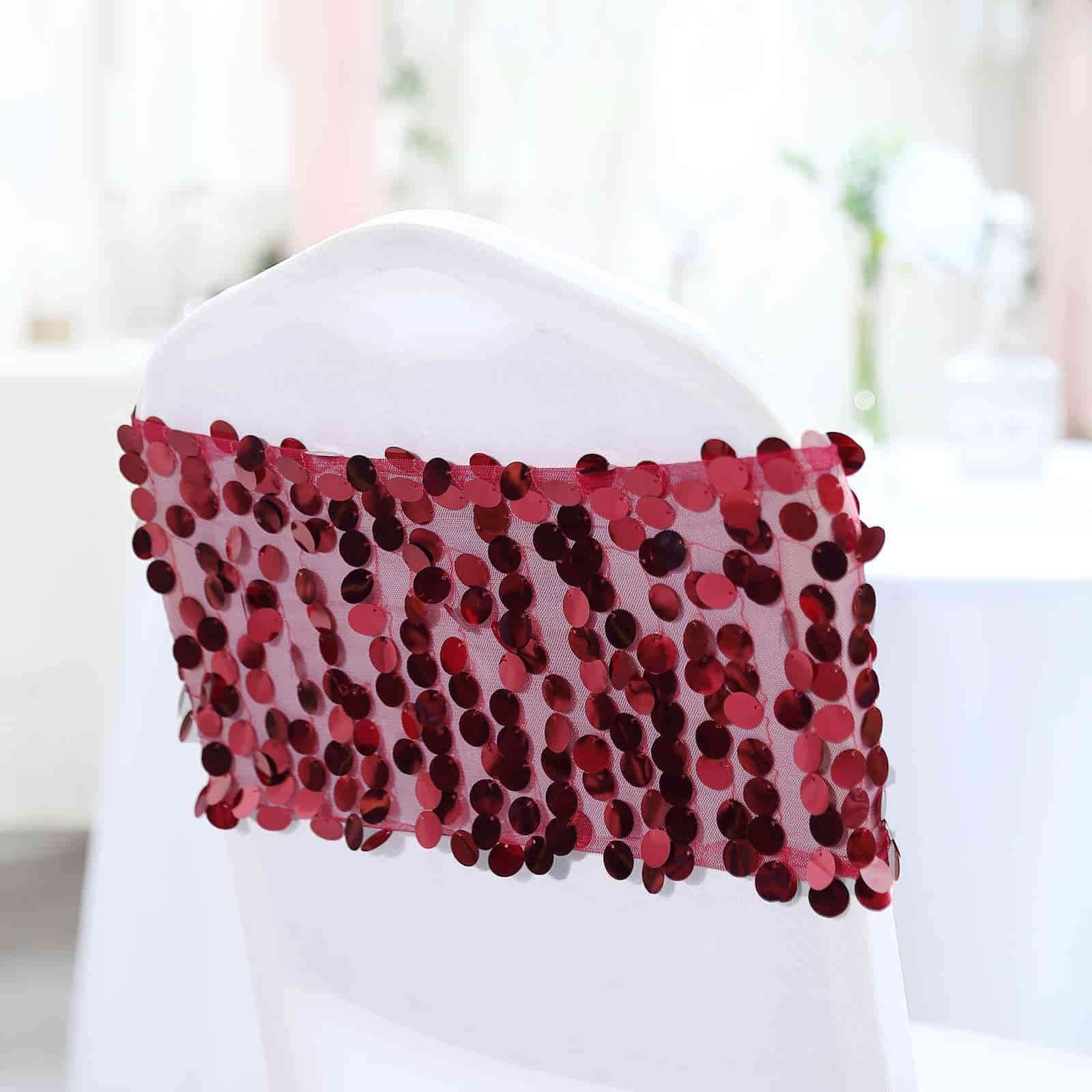 5 Pack Big Payette Sequin Chair Sash Bands 13"x10" Burgundy - Radiant Decorative Design - Image 6