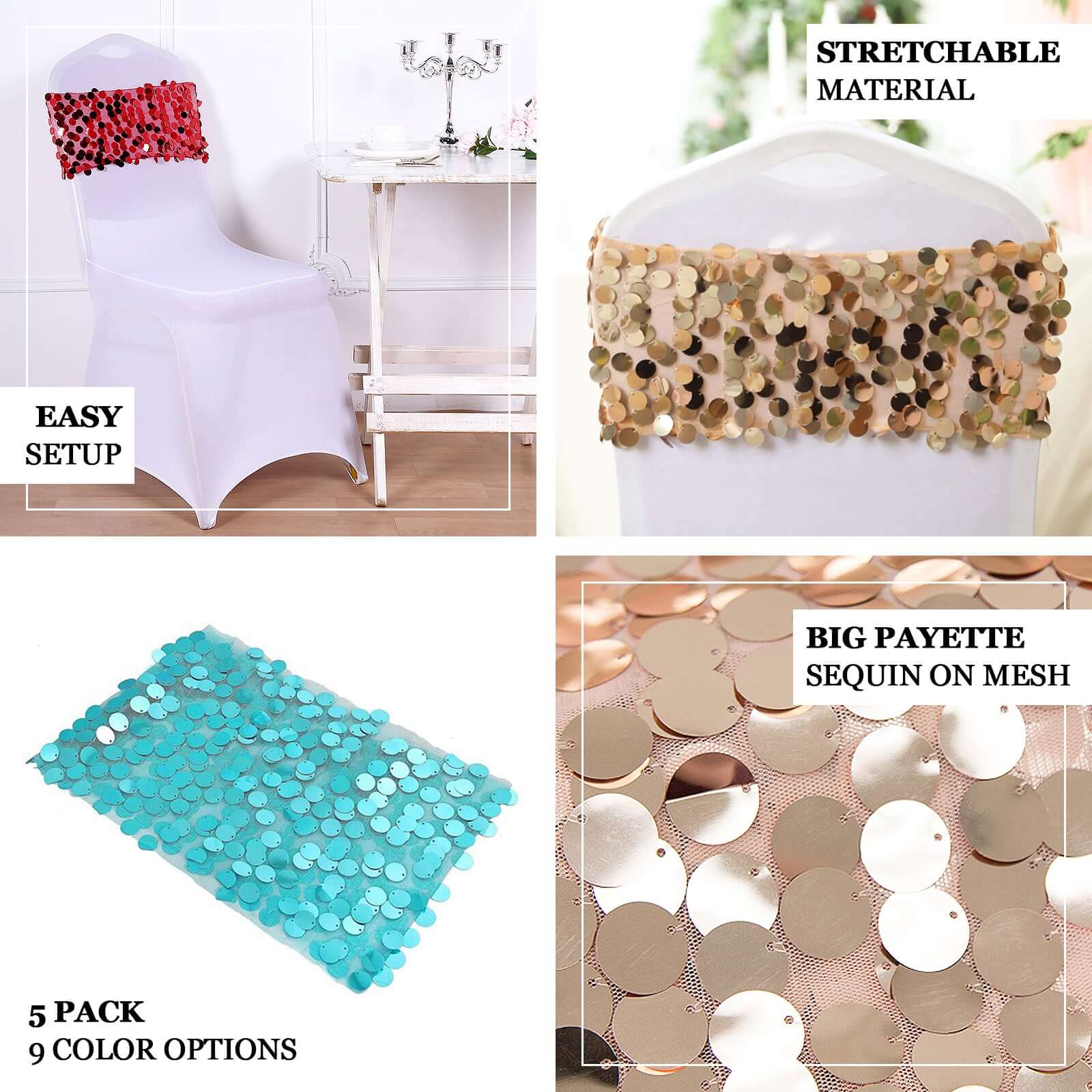5 Pack Big Payette Sequin Chair Sash Bands 13"x10" Silver - Radiant Decorative Design - Image 4