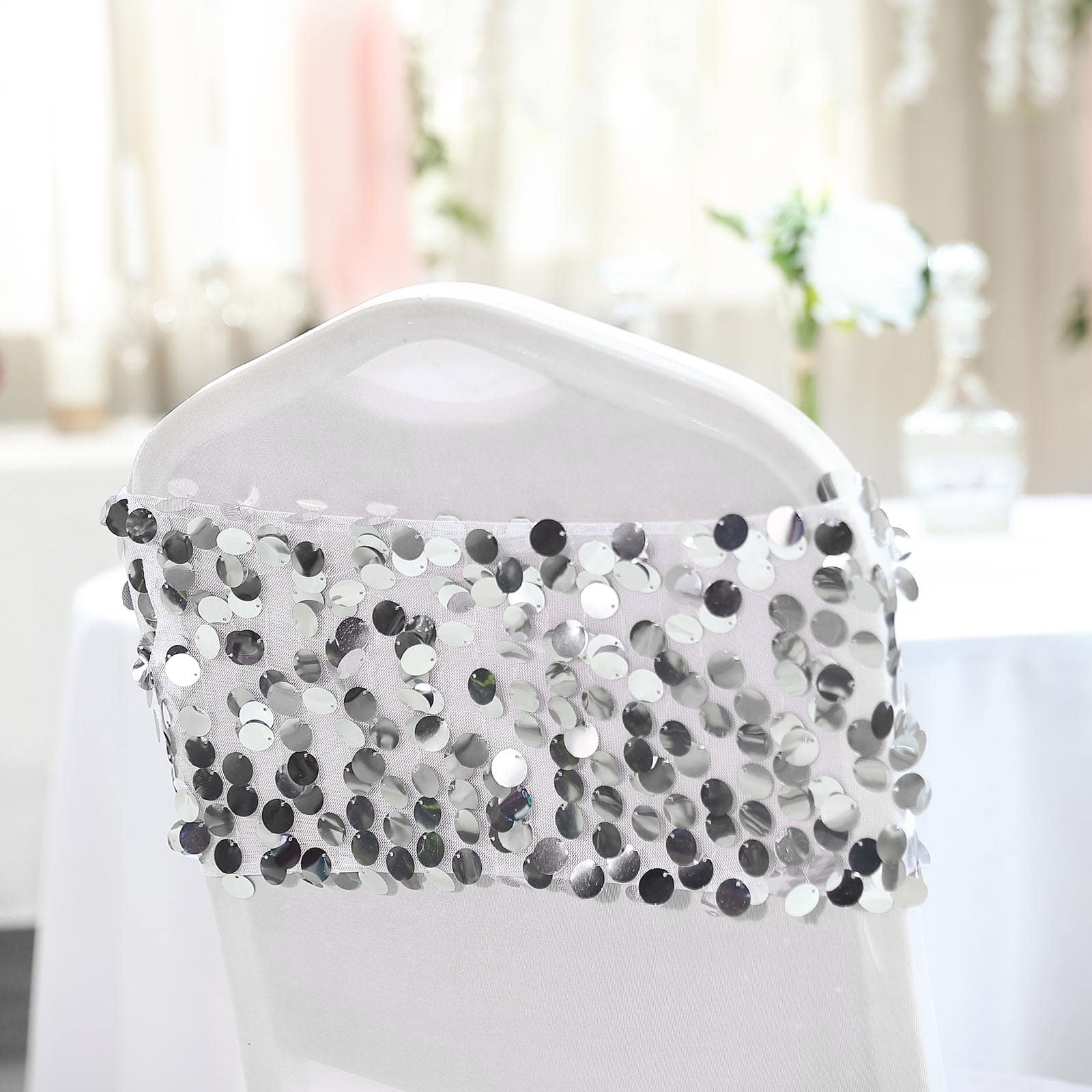 5 Pack Big Payette Sequin Chair Sash Bands 13"x10" Silver - Radiant Decorative Design - Image 6
