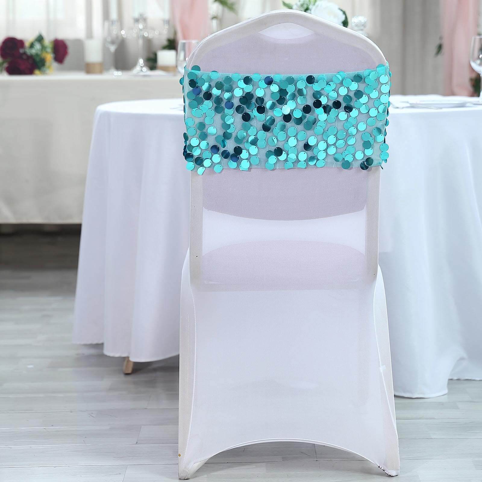 5 Pack Big Payette Sequin Chair Sash Bands 13"x10" Turquoise - Radiant Decorative Design - Image 2
