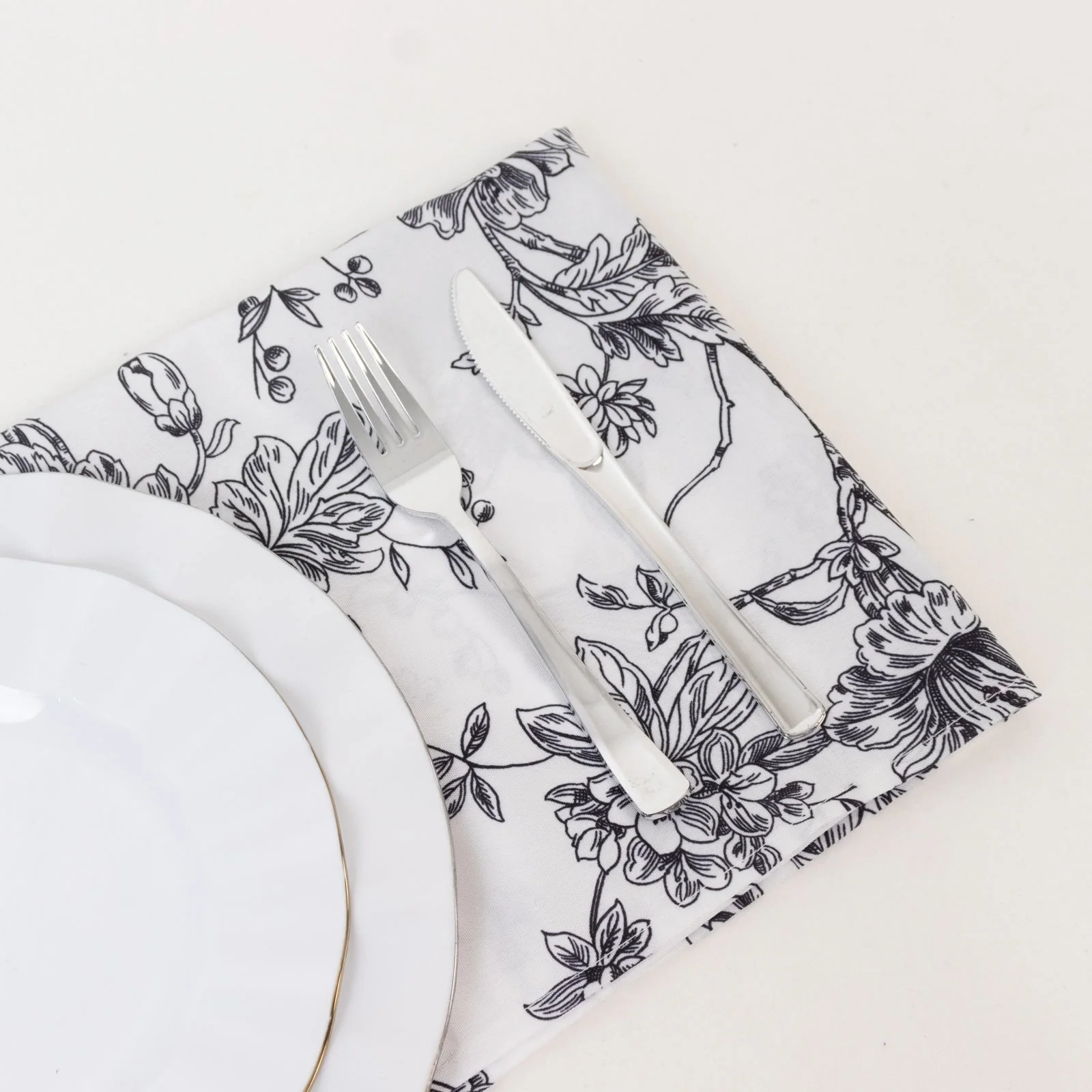 5 Pack Polyester Dinner Napkins 20"x20" White with Black French Toile Pattern - Chic Floral Cloth Napkins - Image 8