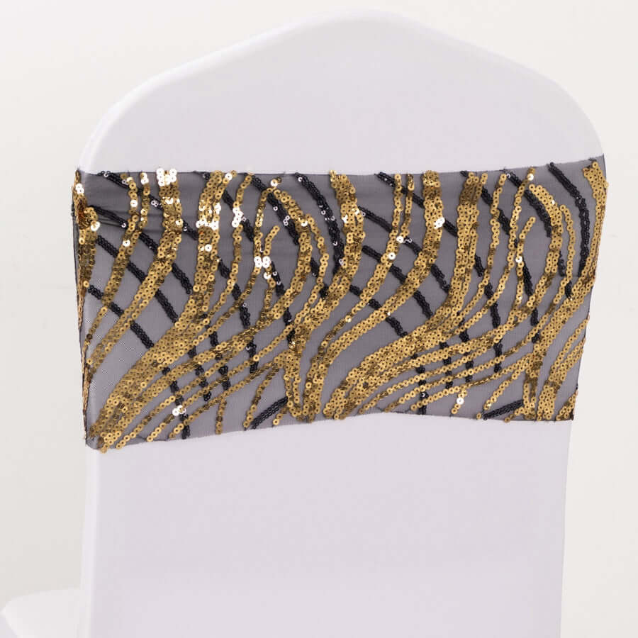 5 Pack Chair Sash Bands Black/Gold Wave with Embroidered Sequins - Glittering Decorative Design - Image 8