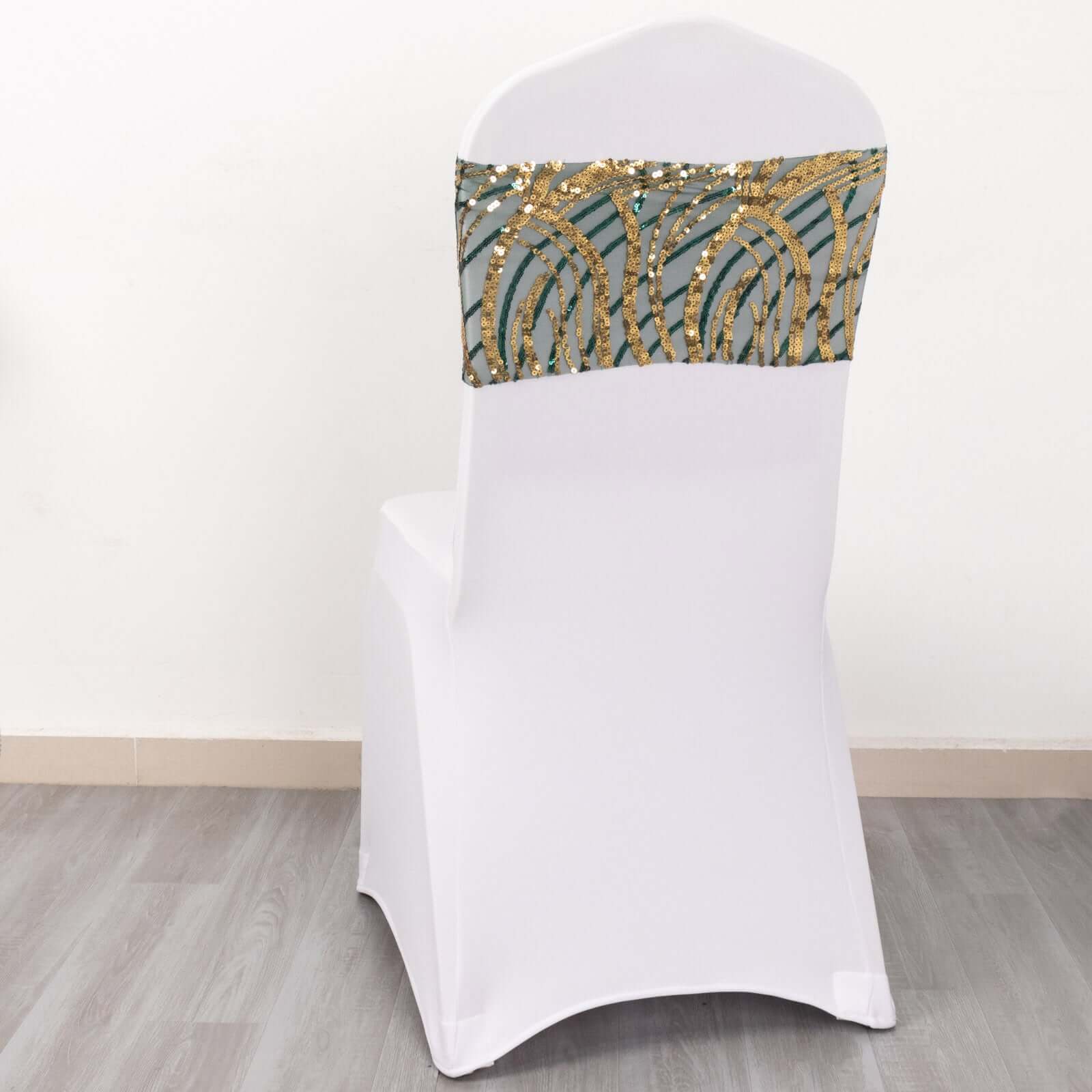 5 Pack Chair Sash Bands Hunter Emerald Green/Gold Wave with Embroidered Sequins - Glittering Decorative Design - Image 6