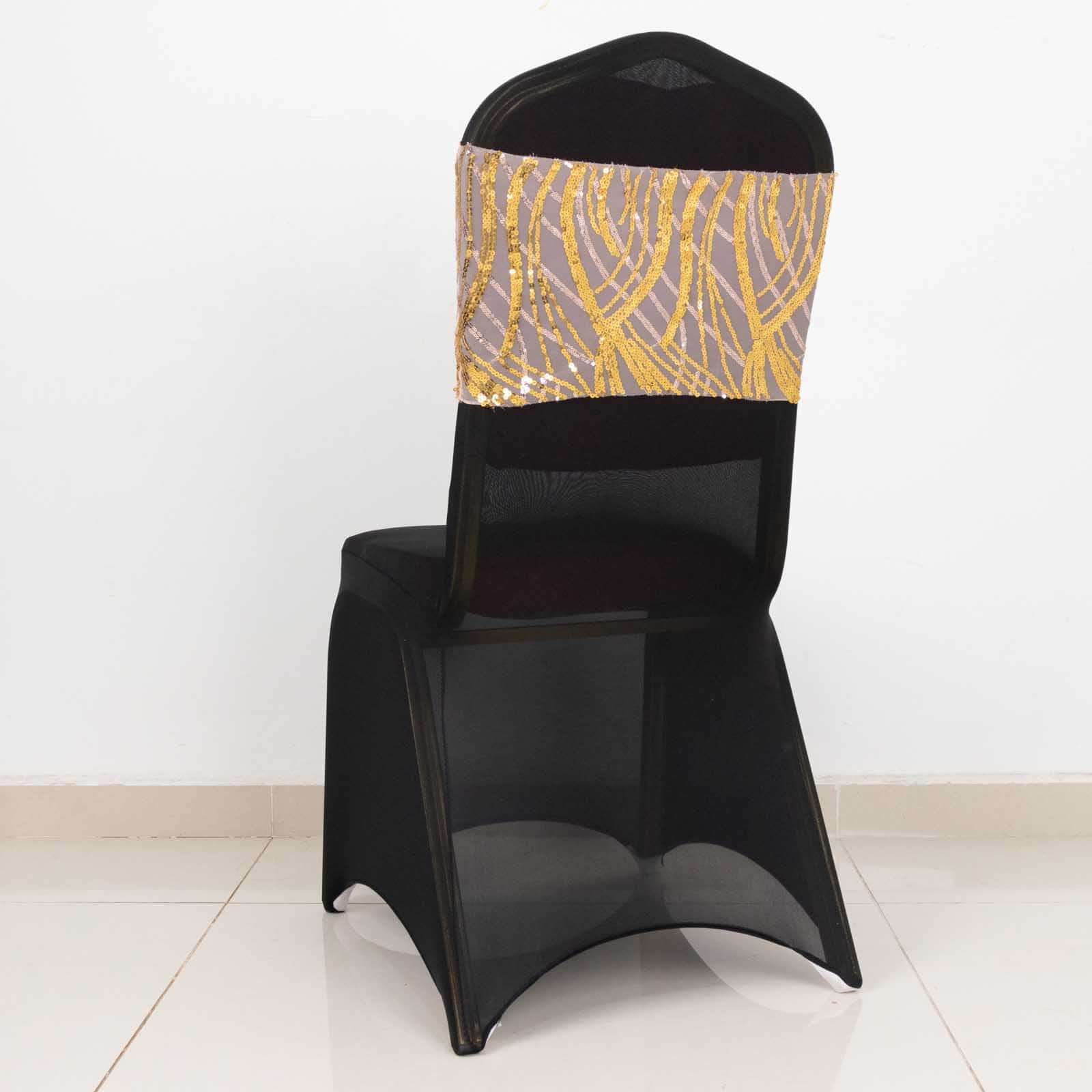 5 Pack Chair Sash Bands Rose Gold/Gold Wave with Embroidered Sequins - Glittering Decorative Design