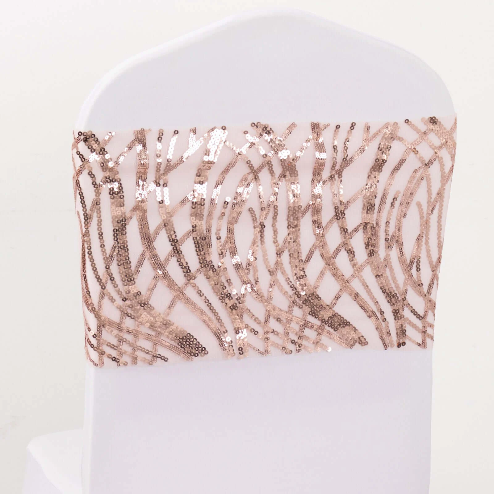 5 Pack Chair Sash Bands Rose Gold Wave with Embroidered Sequins - Glittering Decorative Design - Image 3