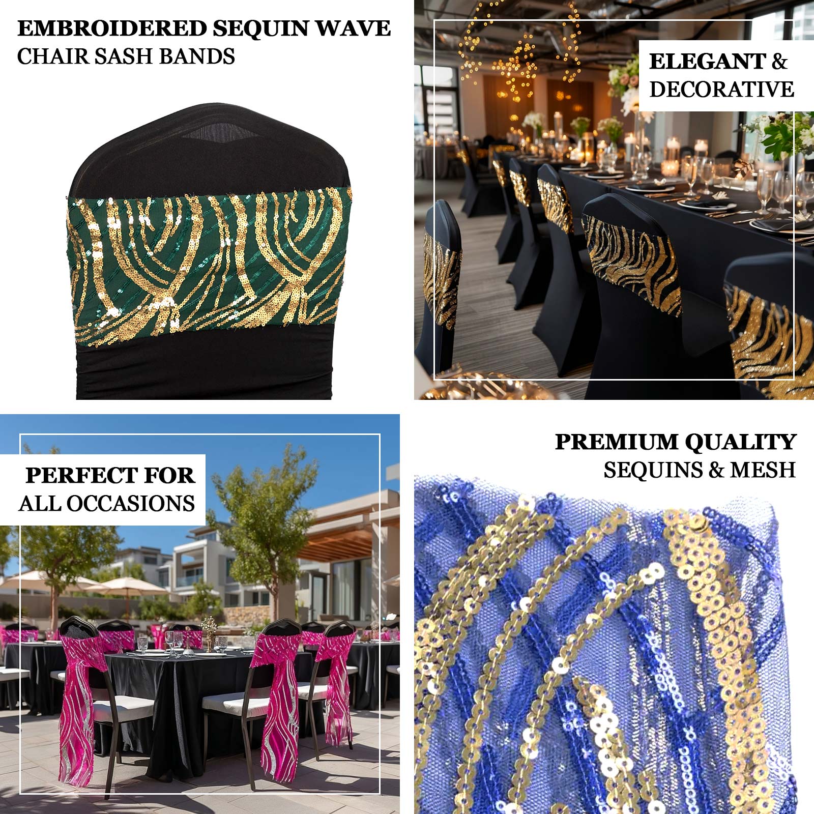 5 Pack Chair Sash Bands Rose Gold Wave with Embroidered Sequins - Glittering Decorative Design - Image 4