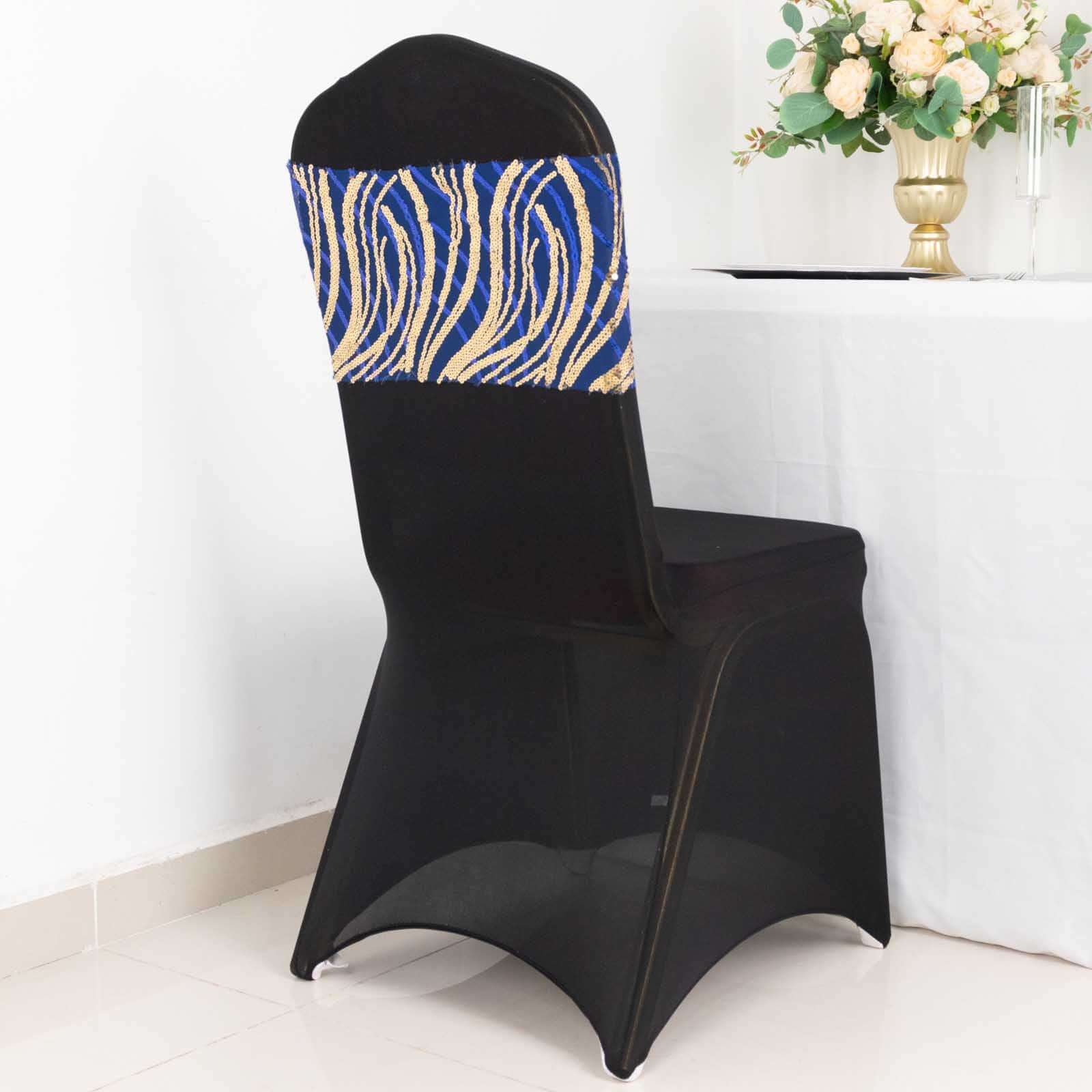5 Pack Chair Sash Bands Royal Blue/Gold Wave with Embroidered Sequins - Glittering Decorative Design - Image 2