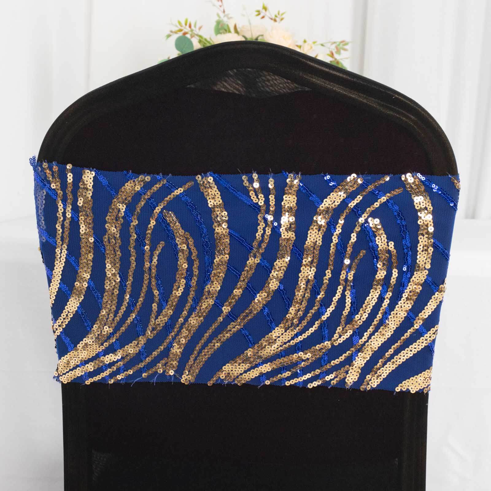 5 Pack Chair Sash Bands Royal Blue/Gold Wave with Embroidered Sequins - Glittering Decorative Design - Image 3