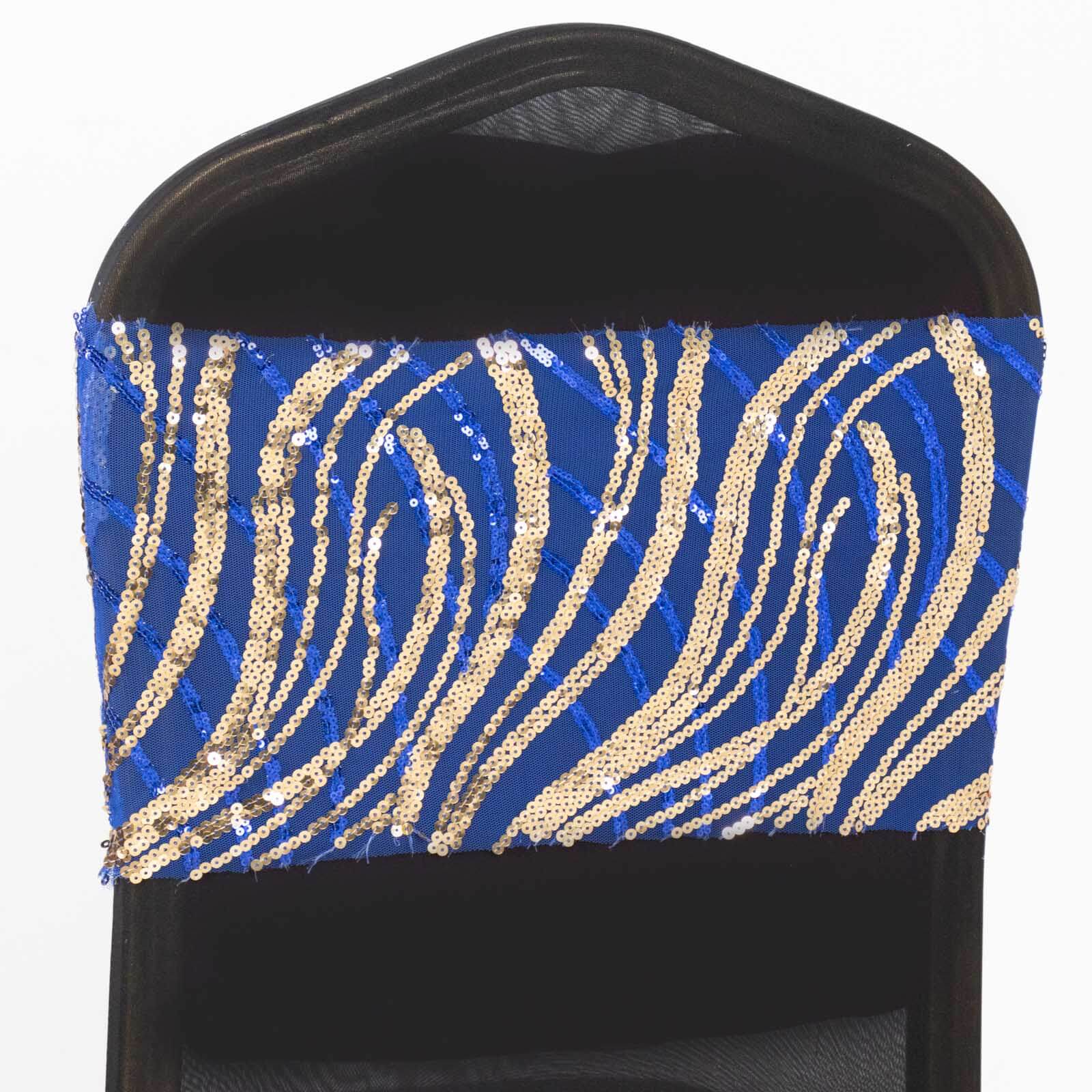 5 Pack Chair Sash Bands Royal Blue/Gold Wave with Embroidered Sequins - Glittering Decorative Design - Image 6