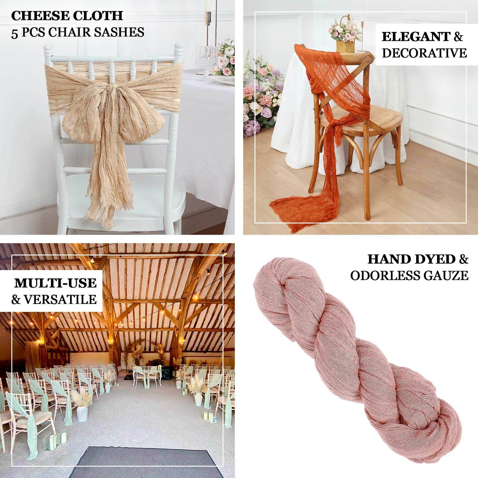 5 Pack Cheesecloth Gauze Chair Sashes 16"x88" Burgundy - Boho Decorative Accent - Image 4