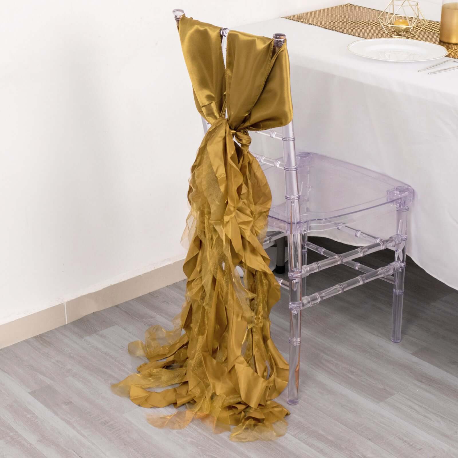 5 Pack Chiffon Satin Chair Sashes Gold Curly Willow Style - Easy to Use Flowy Chair Bows for Soft & Romantic Event Decor - Image 2
