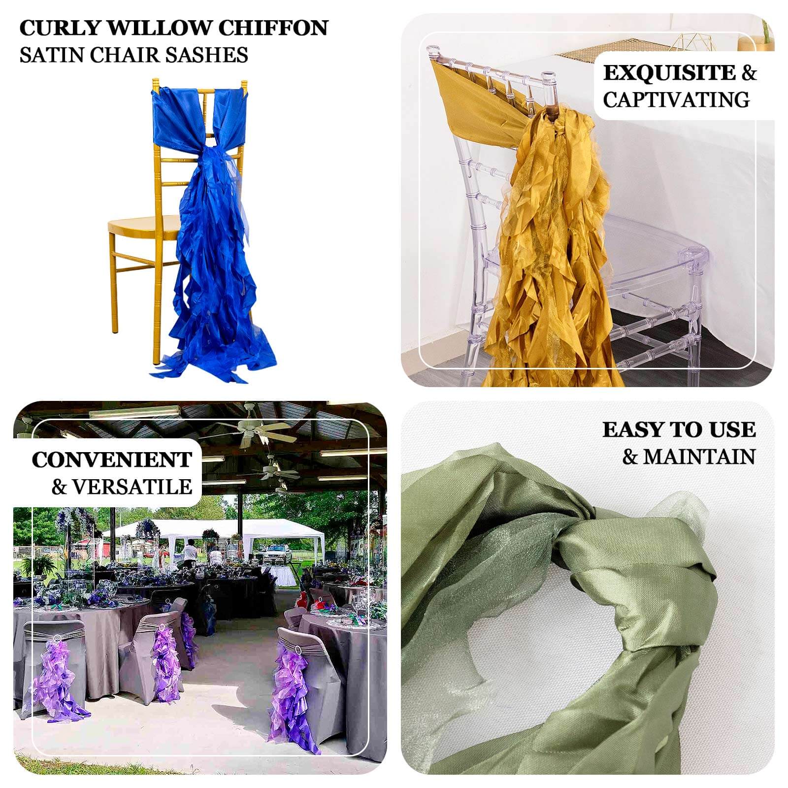 5 Pack Chiffon Satin Chair Sashes Gold Curly Willow Style - Easy to Use Flowy Chair Bows for Soft & Romantic Event Decor - Image 4