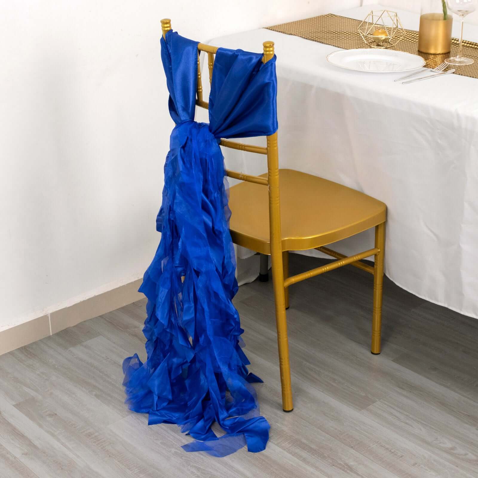 5 Pack Chiffon Satin Chair Sashes Royal Blue Curly Willow Style - Easy to Use Flowy Chair Bows - Image 2