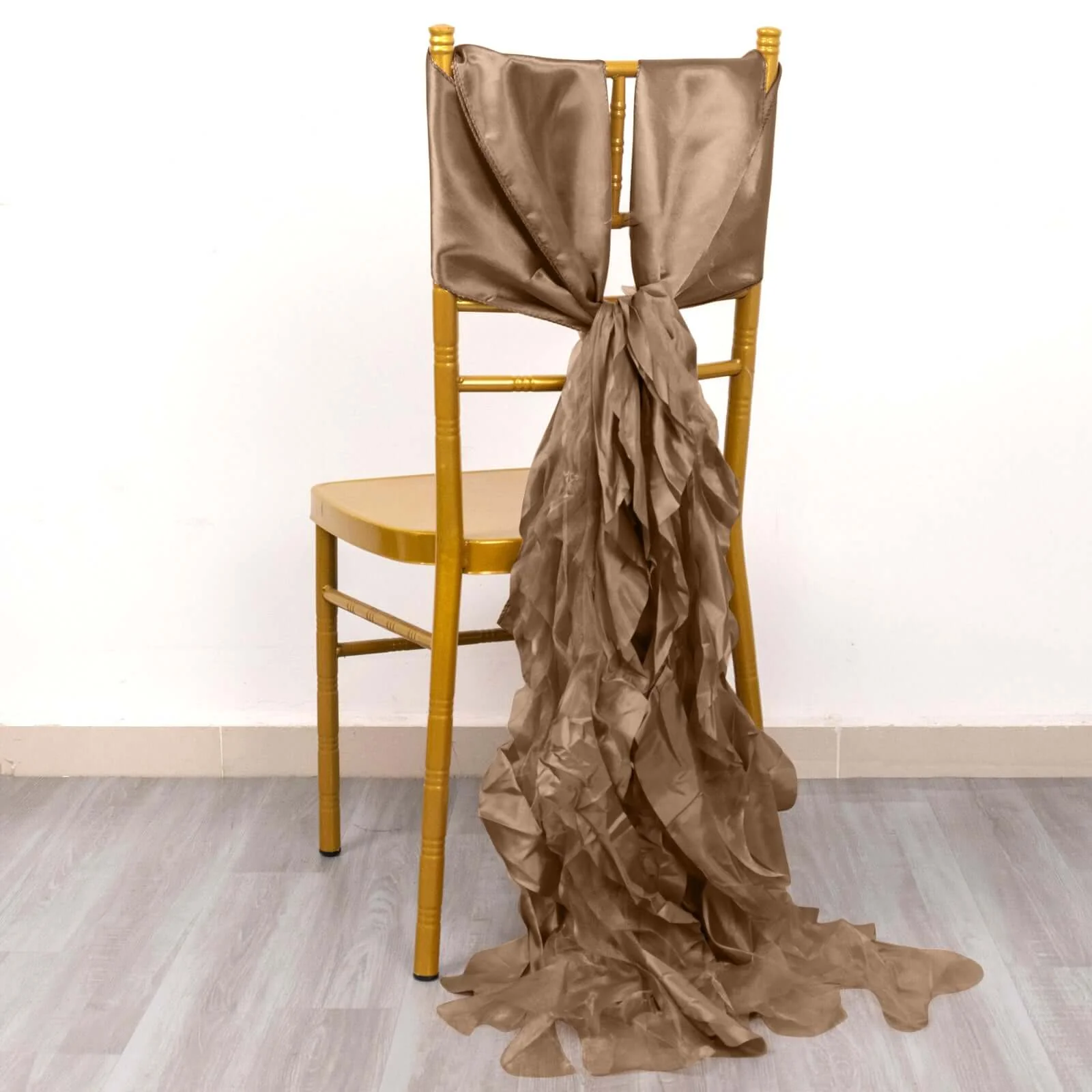 5 Pack Chiffon Satin Chair Sashes Taupe Curly Willow Style - Easy to Use Flowy Chair Bows