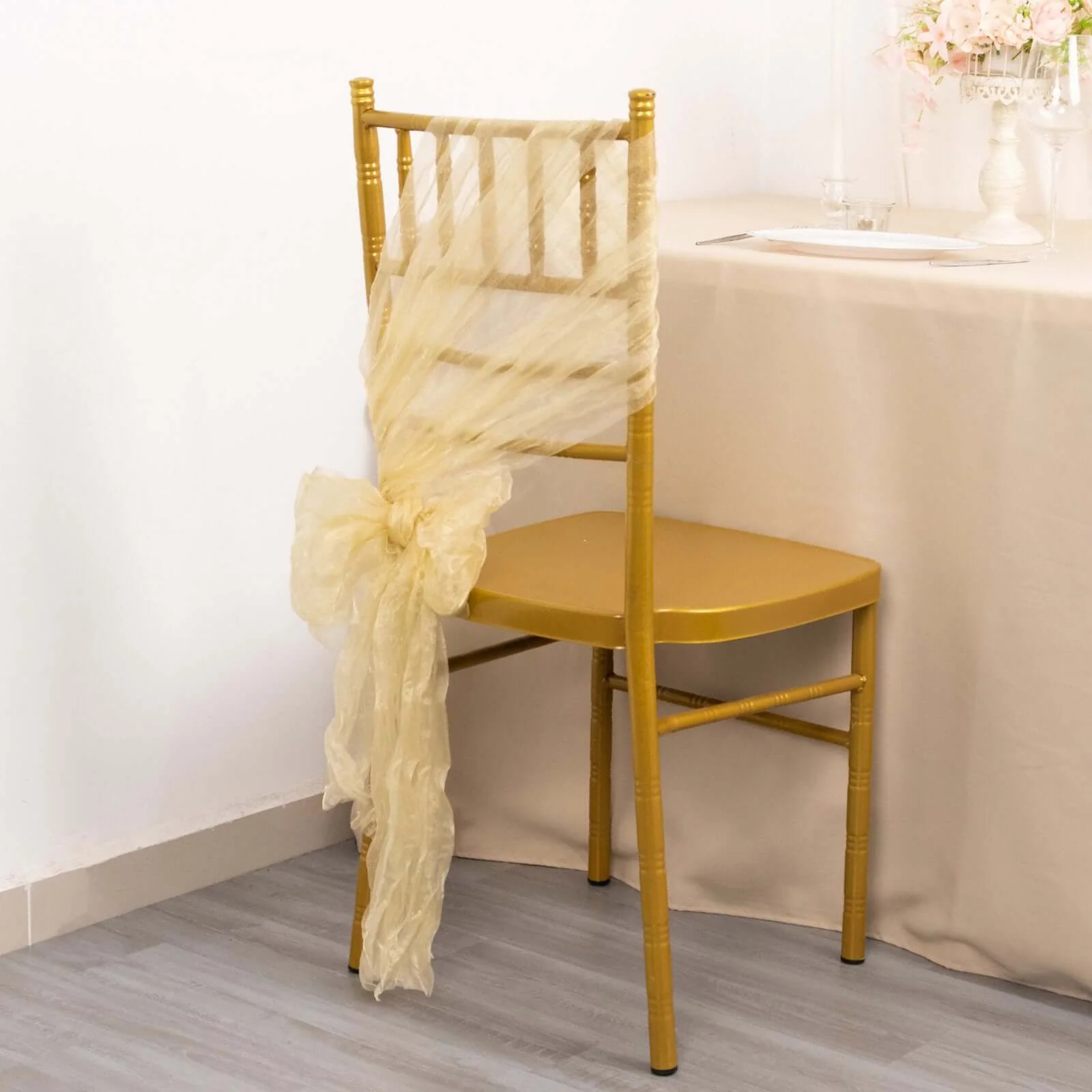 5 Pack Crinkled Organza Chair Sashes Champagne - Sheer Shimmer Layered Chiffon Design - Image 8