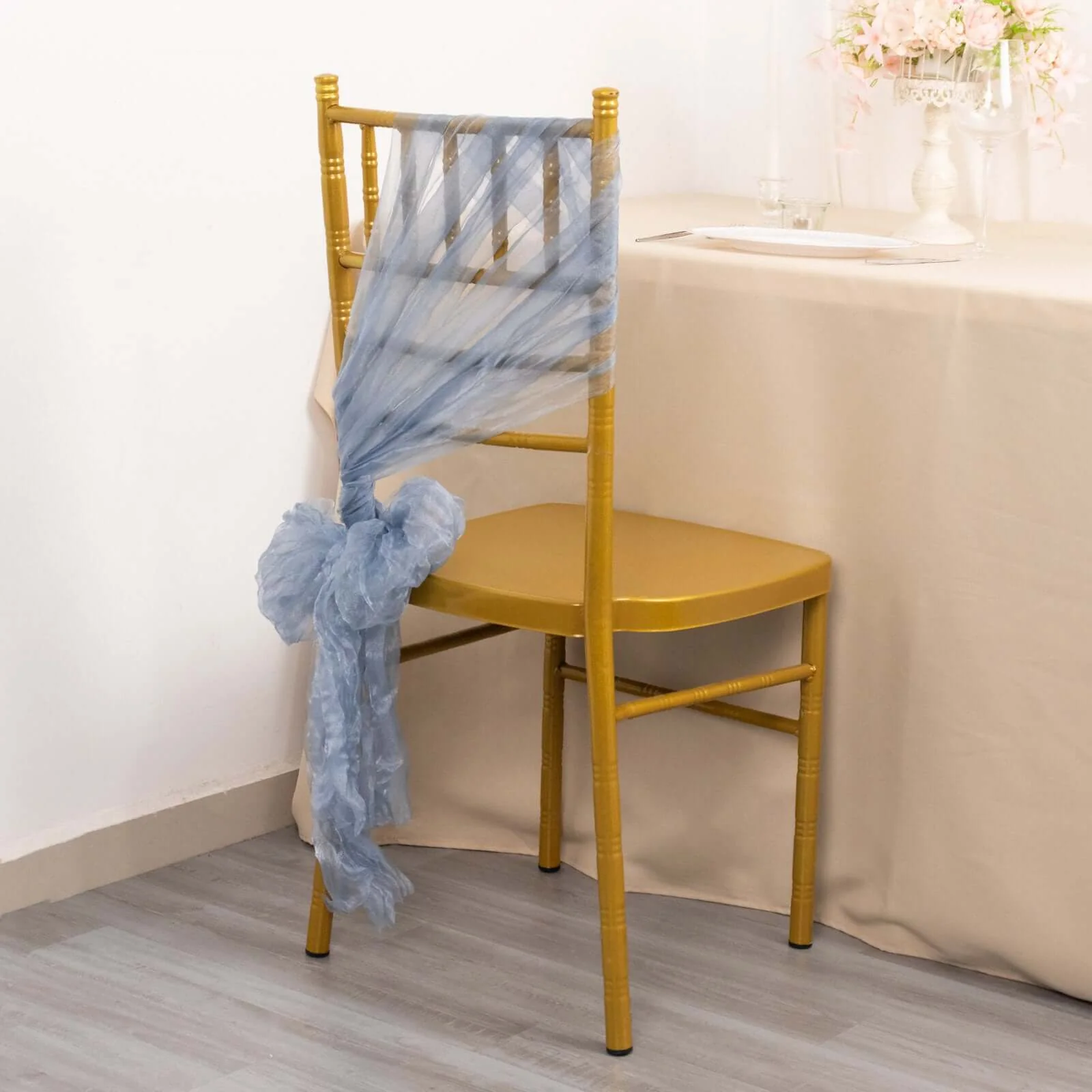 5 Pack Crinkled Organza Chair Sashes Dusty Blue - Sheer Shimmer Layered Chiffon Design - Image 2