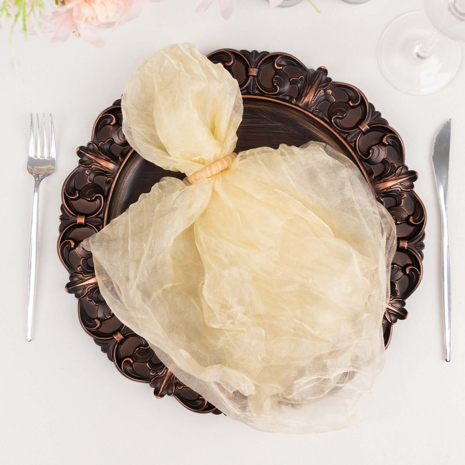5 Pack Crinkled Organza Napkins 21"x21" Champagne - Sheer & Lightweight Cloth Napkins - Image 3