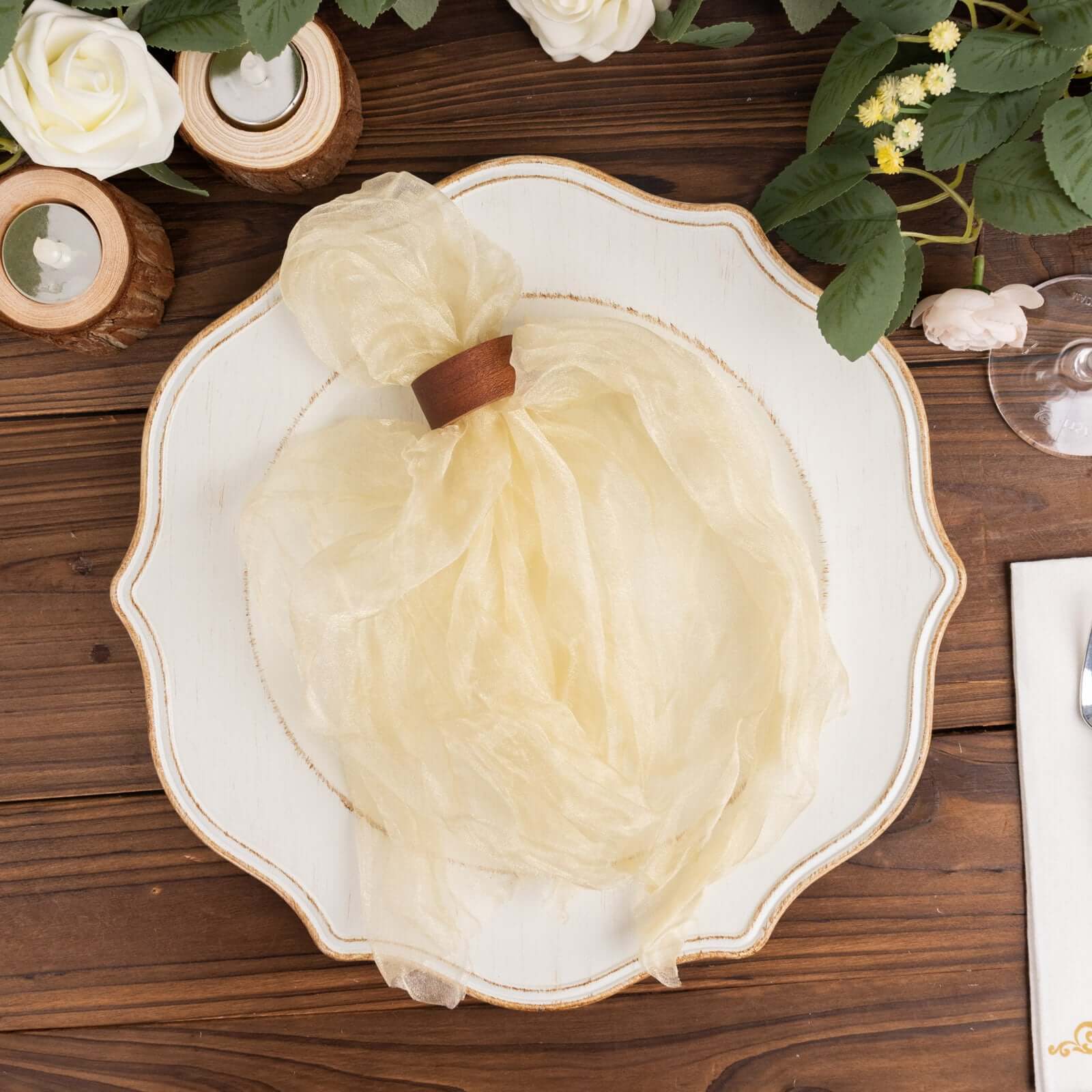 5 Pack Crinkled Organza Napkins 21"x21" Champagne - Sheer & Lightweight Cloth Napkins - Image 6