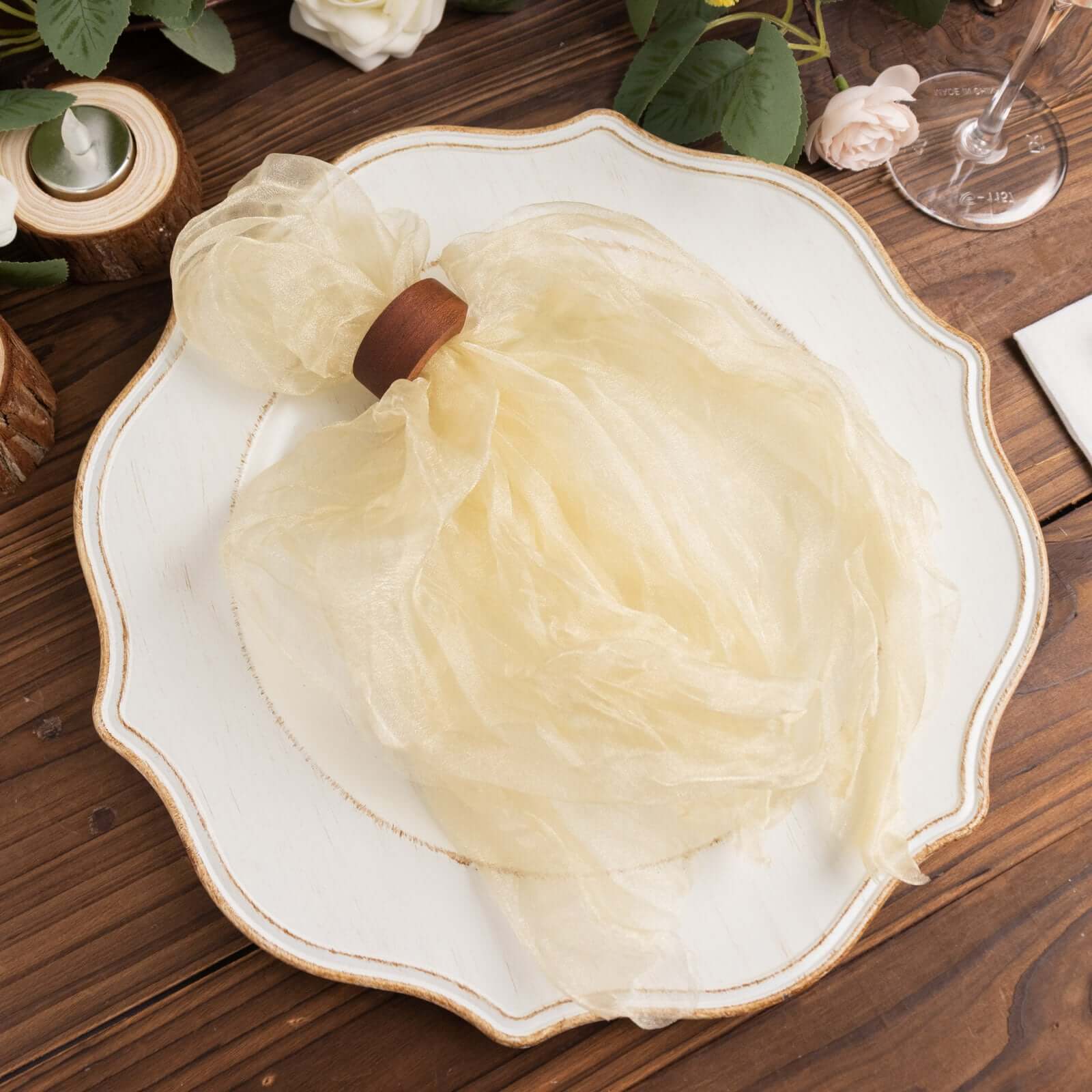 5 Pack Crinkled Organza Napkins 21"x21" Champagne - Sheer & Lightweight Cloth Napkins - Image 8