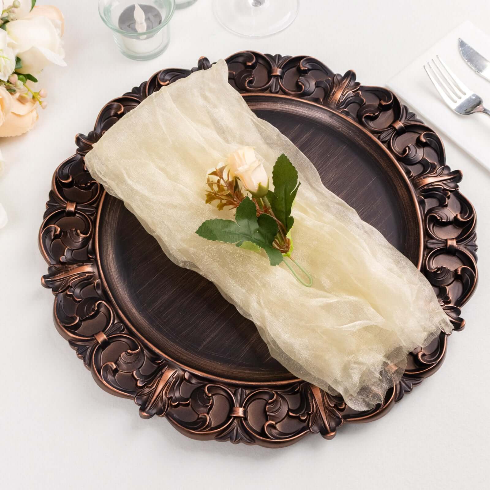 5 Pack Crinkled Organza Napkins 21"x21" Champagne - Sheer & Lightweight Cloth Napkins - Image 9