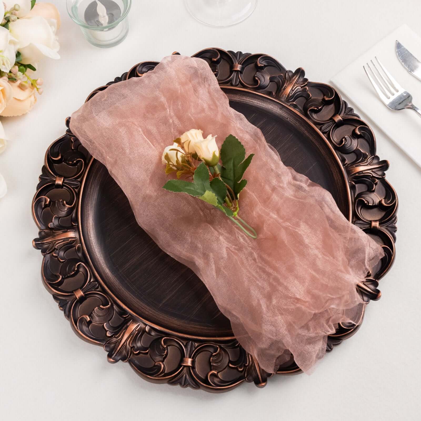 5 Pack Crinkled Organza Napkins 21"x21" Dusty Rose - Sheer & Lightweight Cloth Napkins - Image 8