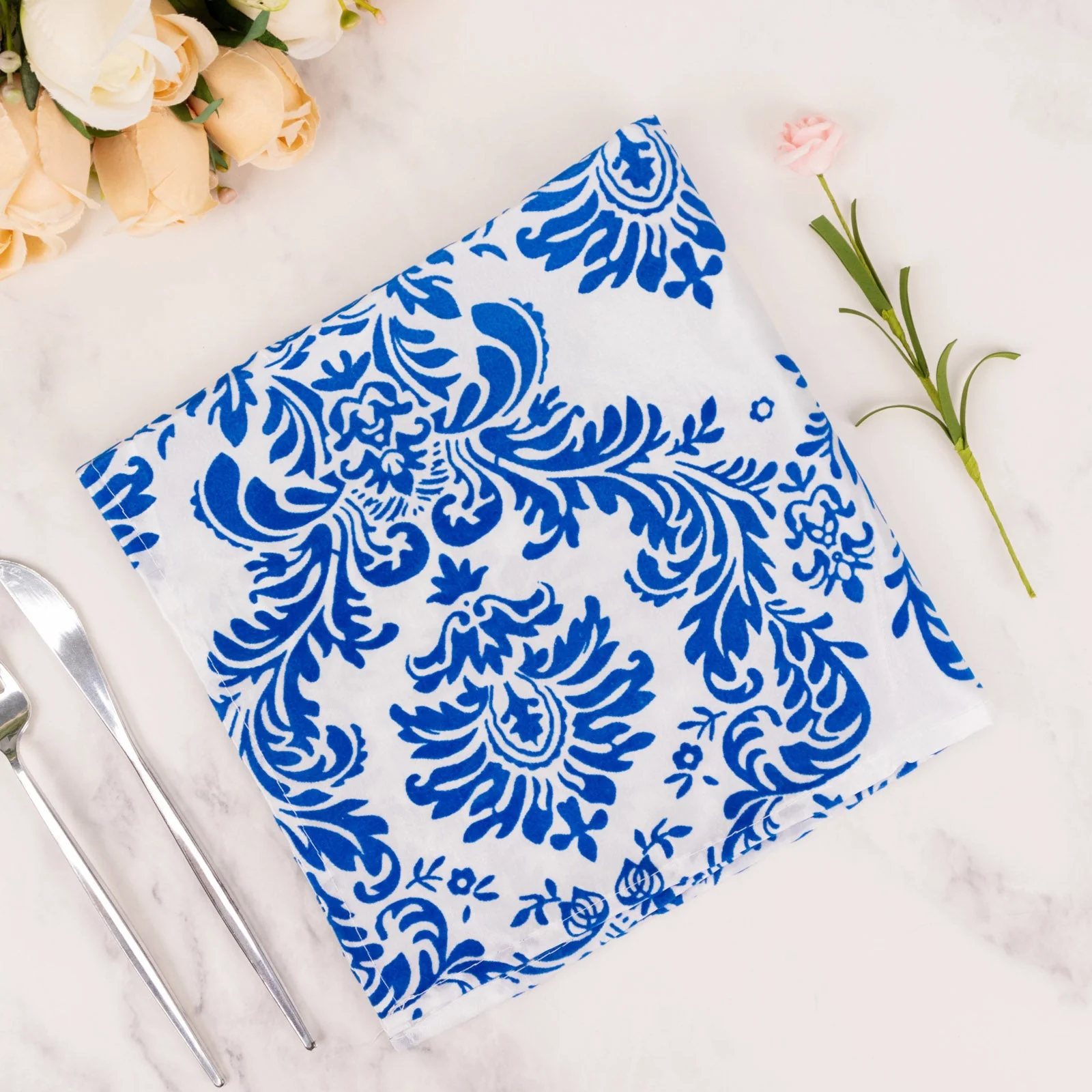 5 Pack Damask Flocking Taffeta Napkins - Royal Blue White Decorative Cloth Napkins - 20"x20" for Weddings and Events - Image 2
