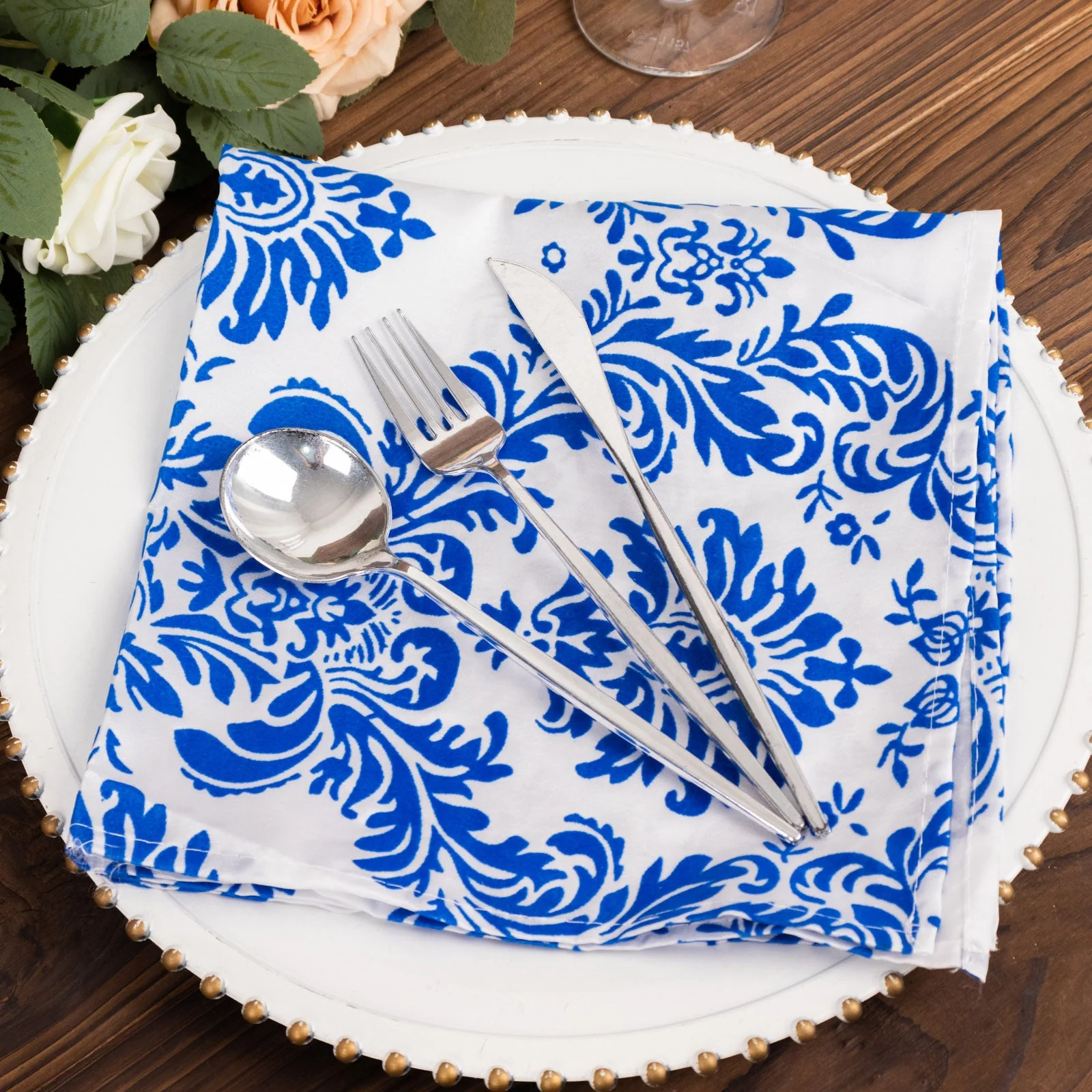 5 Pack Damask Flocking Taffeta Napkins - Royal Blue White Decorative Cloth Napkins - 20"x20" for Weddings and Events - Image 3