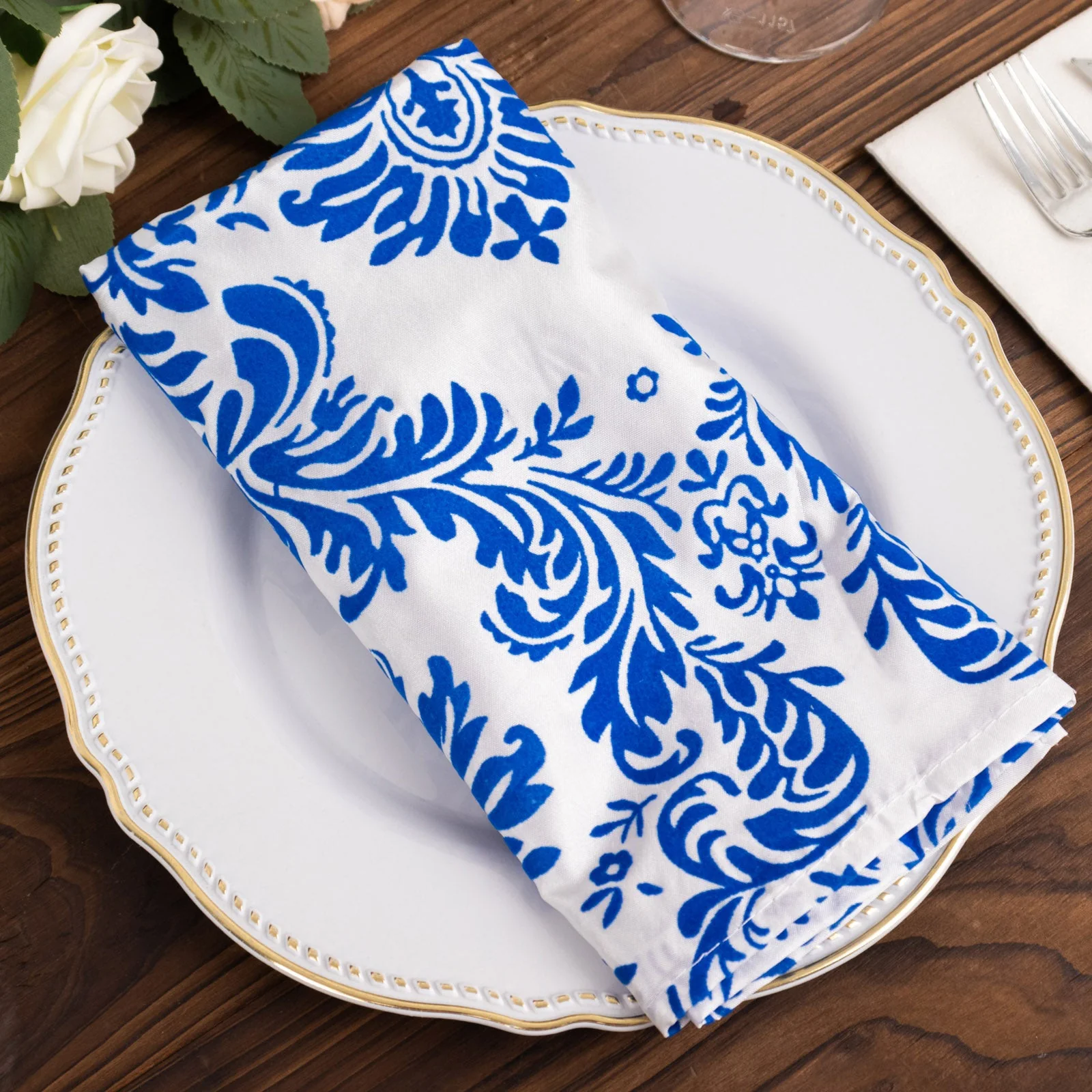 5 Pack Damask Flocking Taffeta Napkins - Royal Blue White Decorative Cloth Napkins - 20"x20" for Weddings and Events - Image 4