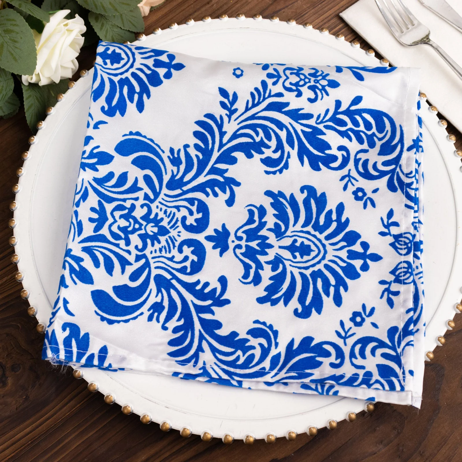 5 Pack Damask Flocking Taffeta Napkins - Royal Blue White Decorative Cloth Napkins - 20"x20" for Weddings and Events - Image 5