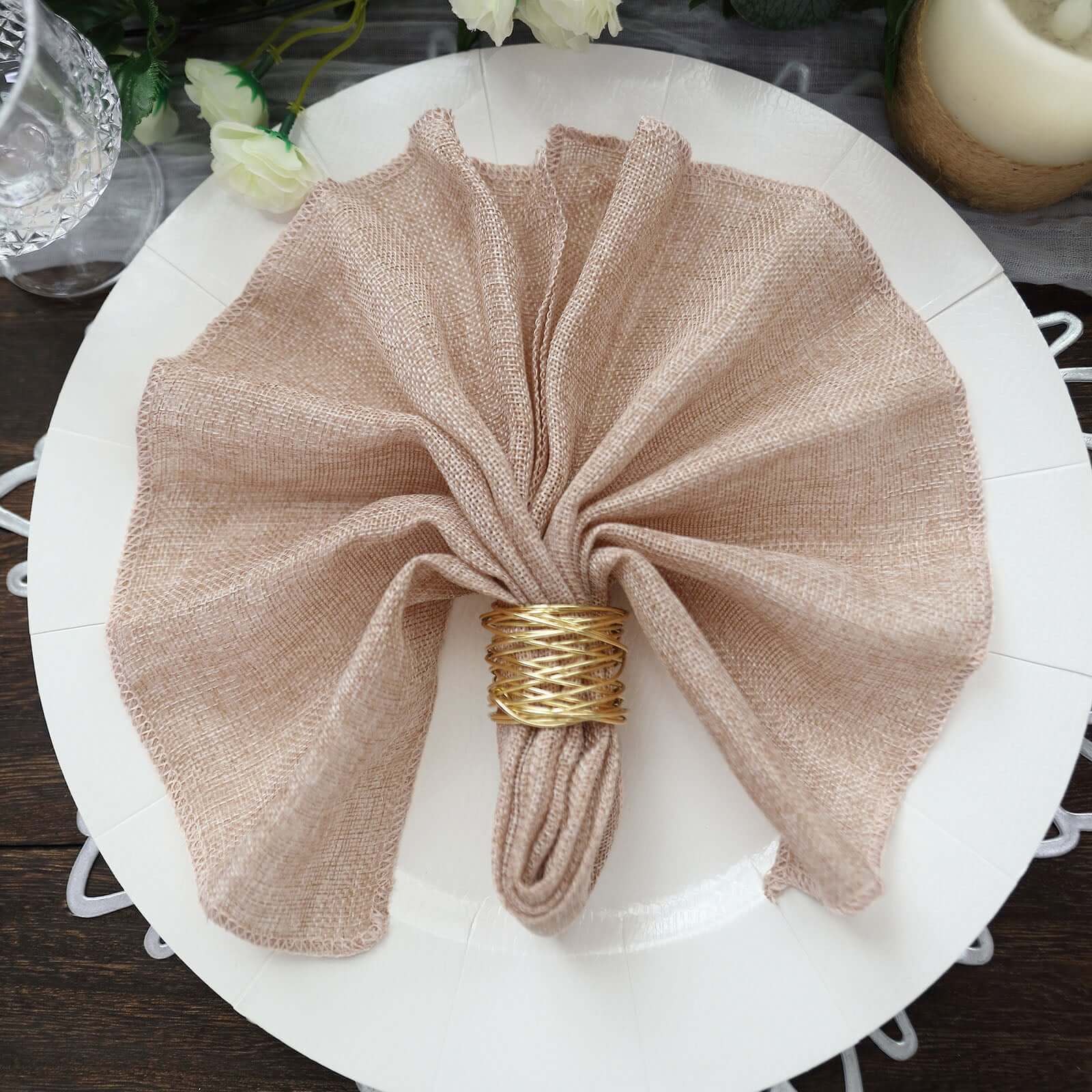 5 Pack Faux Jute Napkins 19"x19" Dusty Rose - Rustic Chic Faux Burlap Dinner Napkins - Image 9