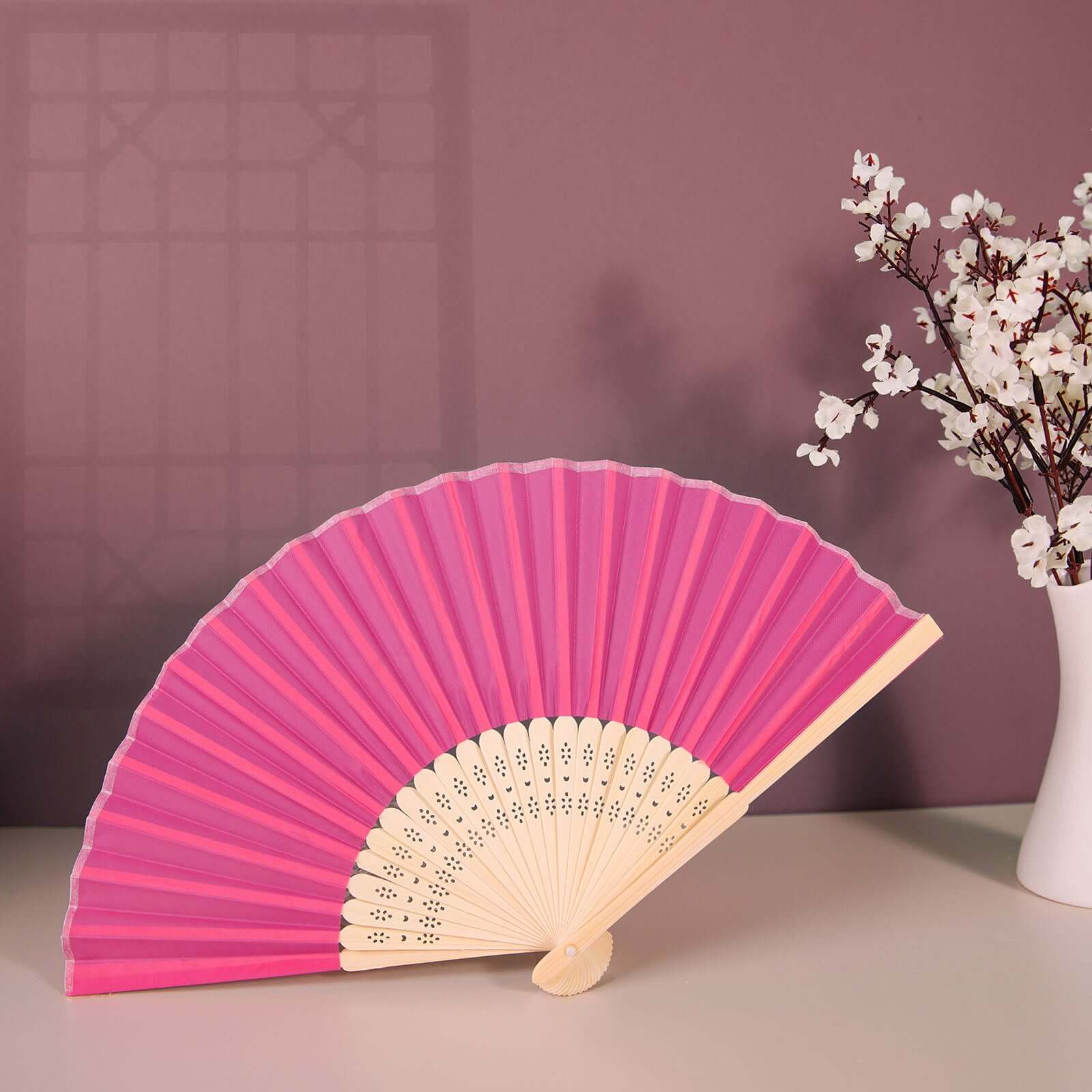 5 Pack Fuchsia Asian Silk Folding Fans Party Favors, Oriental Folding Fan Favors - Image 6