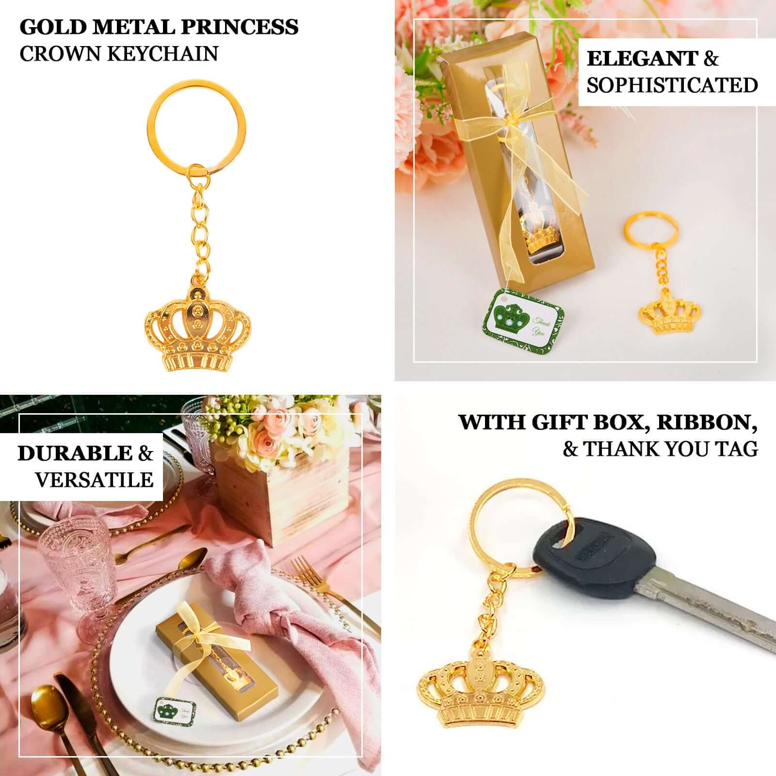 5 Pack Gold Metal Princess Crown Keychain Party Favor, Pre-Packed Wedding Bridal Shower Party Favor With Gift Box, Ribbon & Thank You Tag - 3" - Image 4