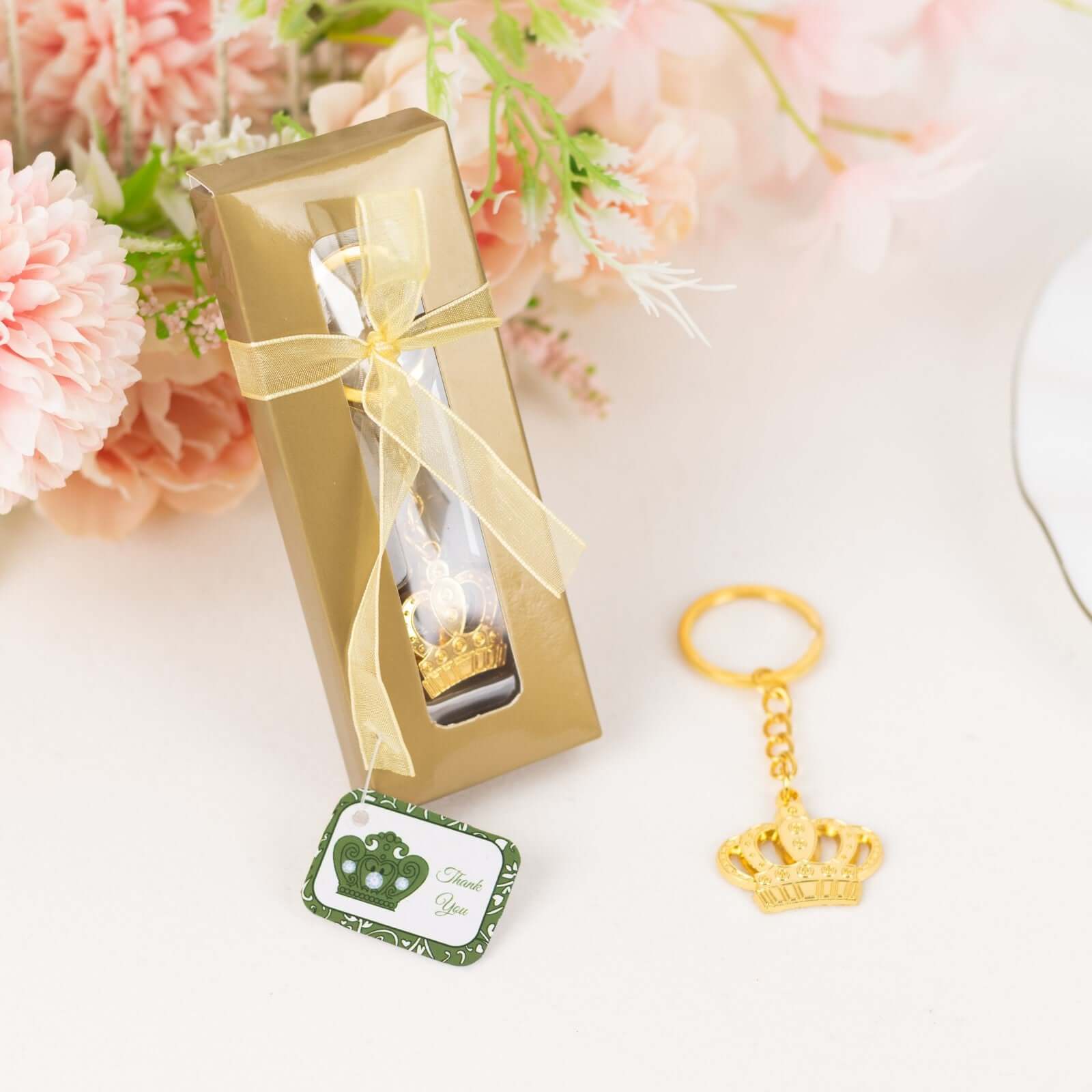 5 Pack Gold Metal Princess Crown Keychain Party Favor, Pre-Packed Wedding Bridal Shower Party Favor With Gift Box, Ribbon & Thank You Tag - 3" - Image 5