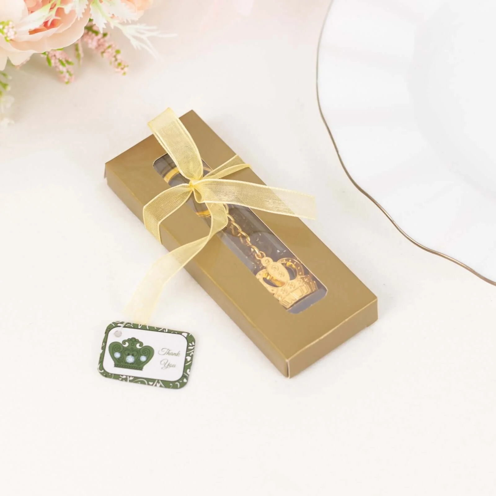 5 Pack Gold Metal Princess Crown Keychain Party Favor, Pre-Packed Wedding Bridal Shower Party Favor With Gift Box, Ribbon & Thank You Tag - 3" - Image 6