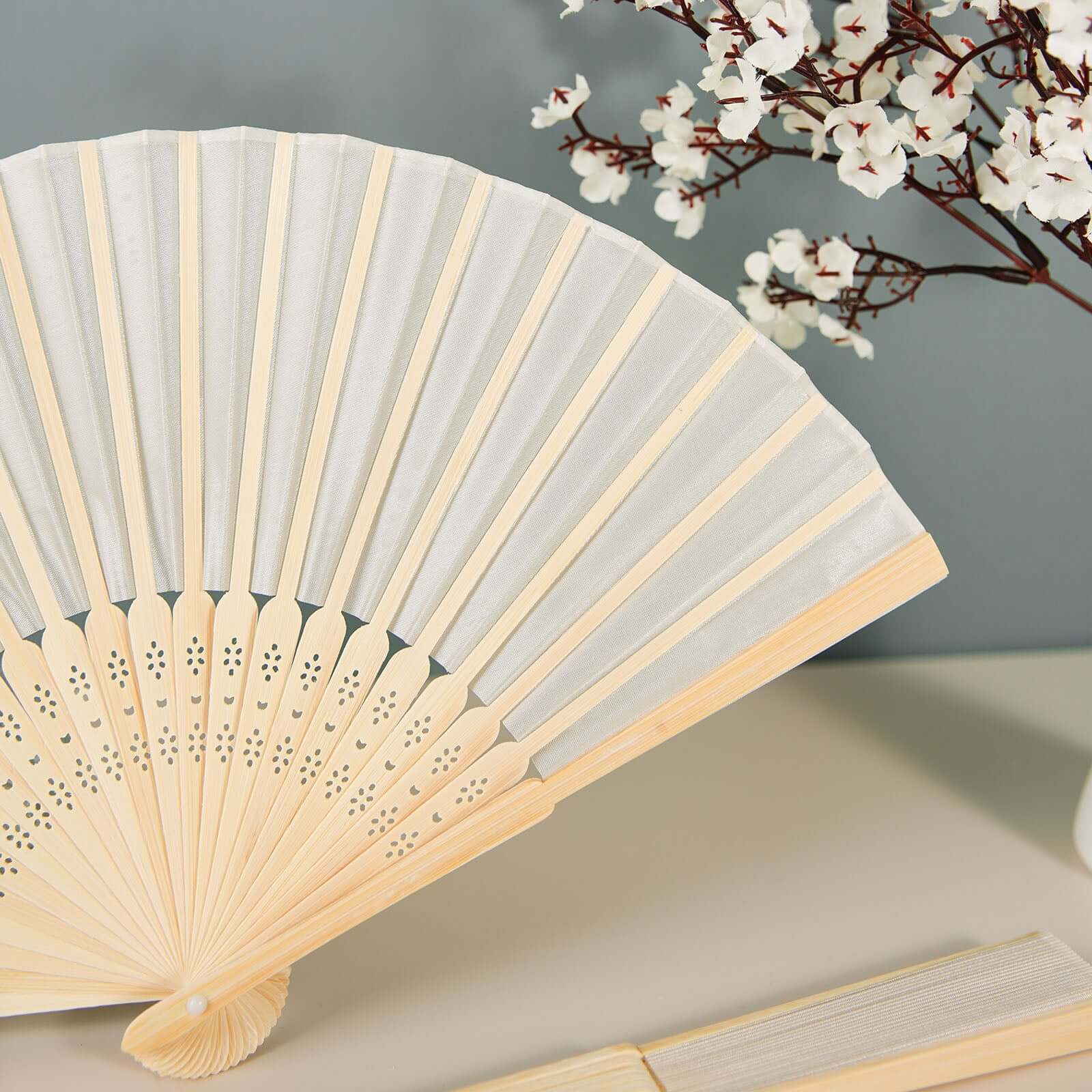 5 Pack Ivory Asian Silk Folding Fans Party Favors, Oriental Folding Fan Favors - Image 2
