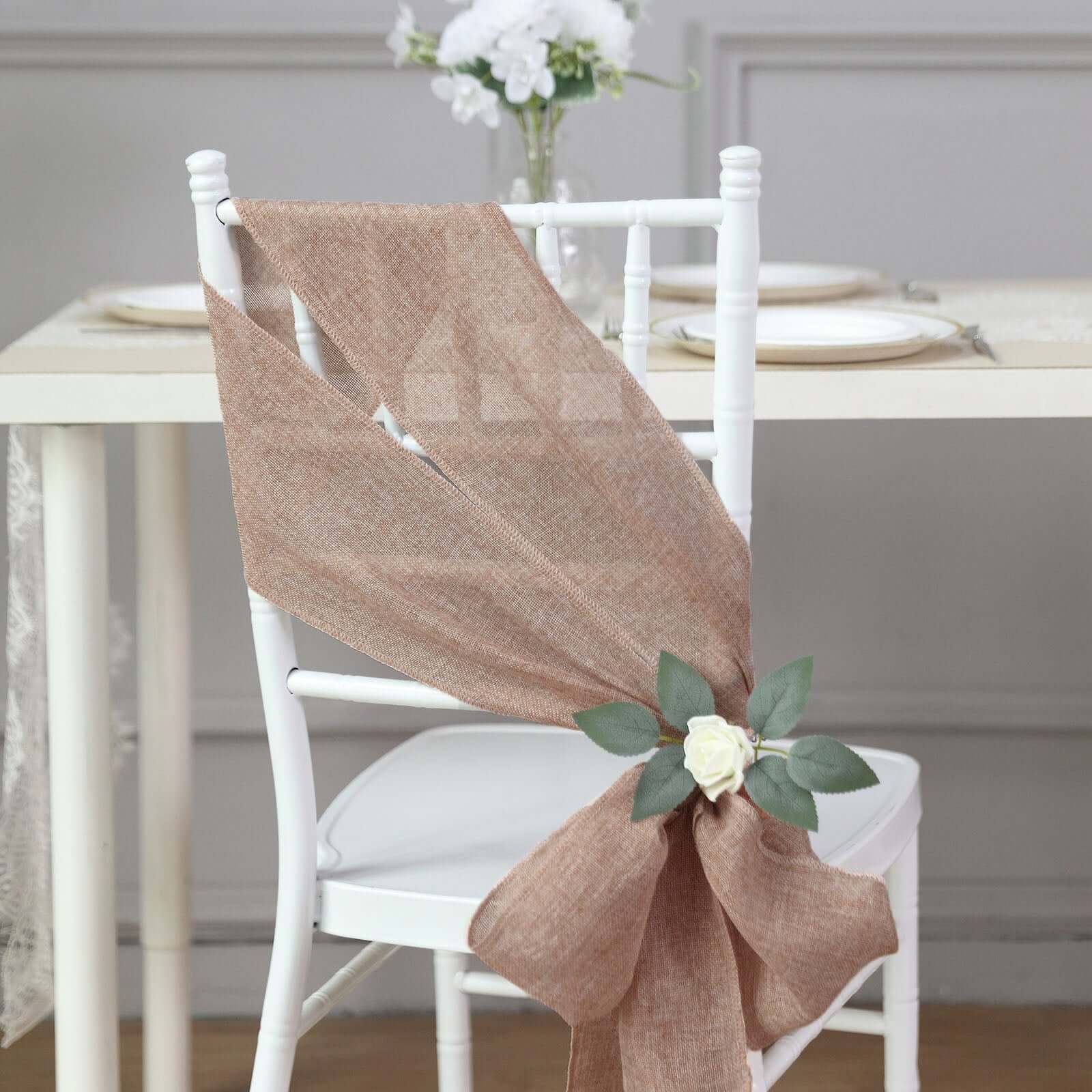 5 Pack Jute Faux Burlap Chair Sashes 6"x108" Dusty Rose - Boho Chic Linen - Image 7