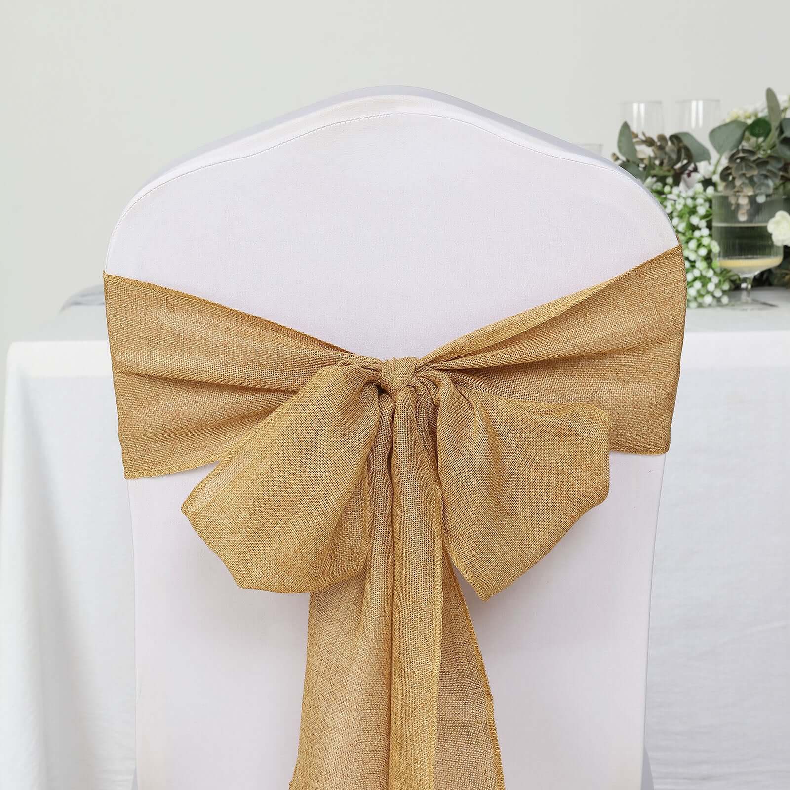 5 Pack Jute Faux Burlap Chair Sashes 6"x108" Gold - Boho Chic Linen Decor for Events - Image 2