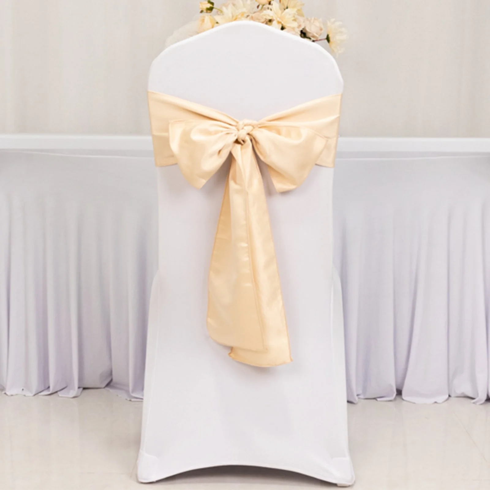 5 Pack Lamour Satin Chair Sashes 6"x106" Beige - Reusable Decorative Bows - Image 2