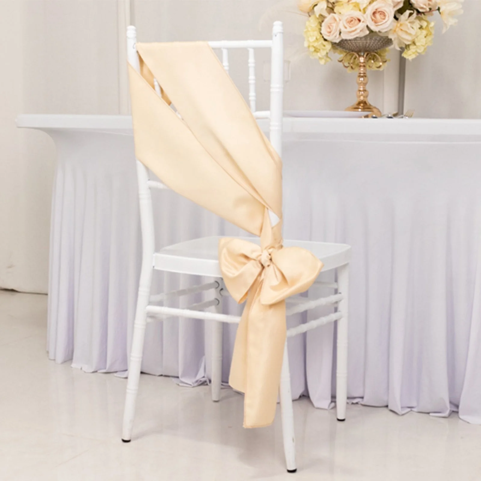 5 Pack Lamour Satin Chair Sashes 6"x106" Beige - Reusable Decorative Bows - Image 4